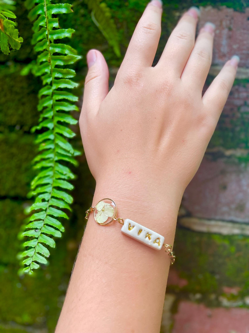 Personalized Name Bracelet: Real Hydrangea Charm, Handmade Porcelain Jewelry