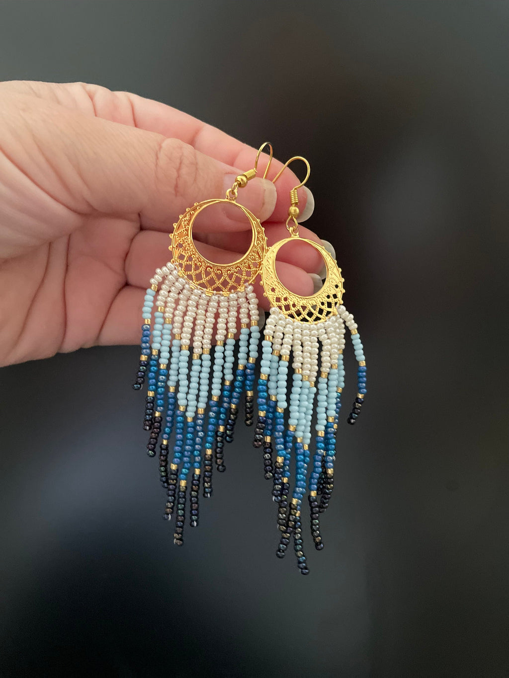 gold and denim blue bead Woven Geometrical Fringe Earrings, 14K Gold-Filled Earwires Handmade Unique Gift for Her best Friend Boho Jewelry