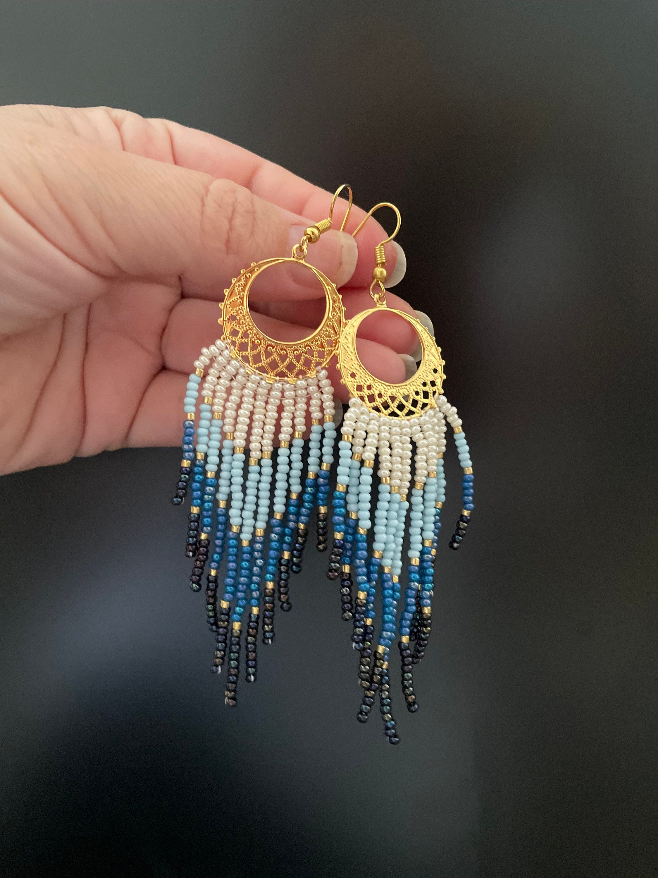 gold and denim blue bead Woven Geometrical Fringe Earrings, 14K Gold-Filled Earwires Handmade Unique Gift for Her best Friend Boho Jewelry