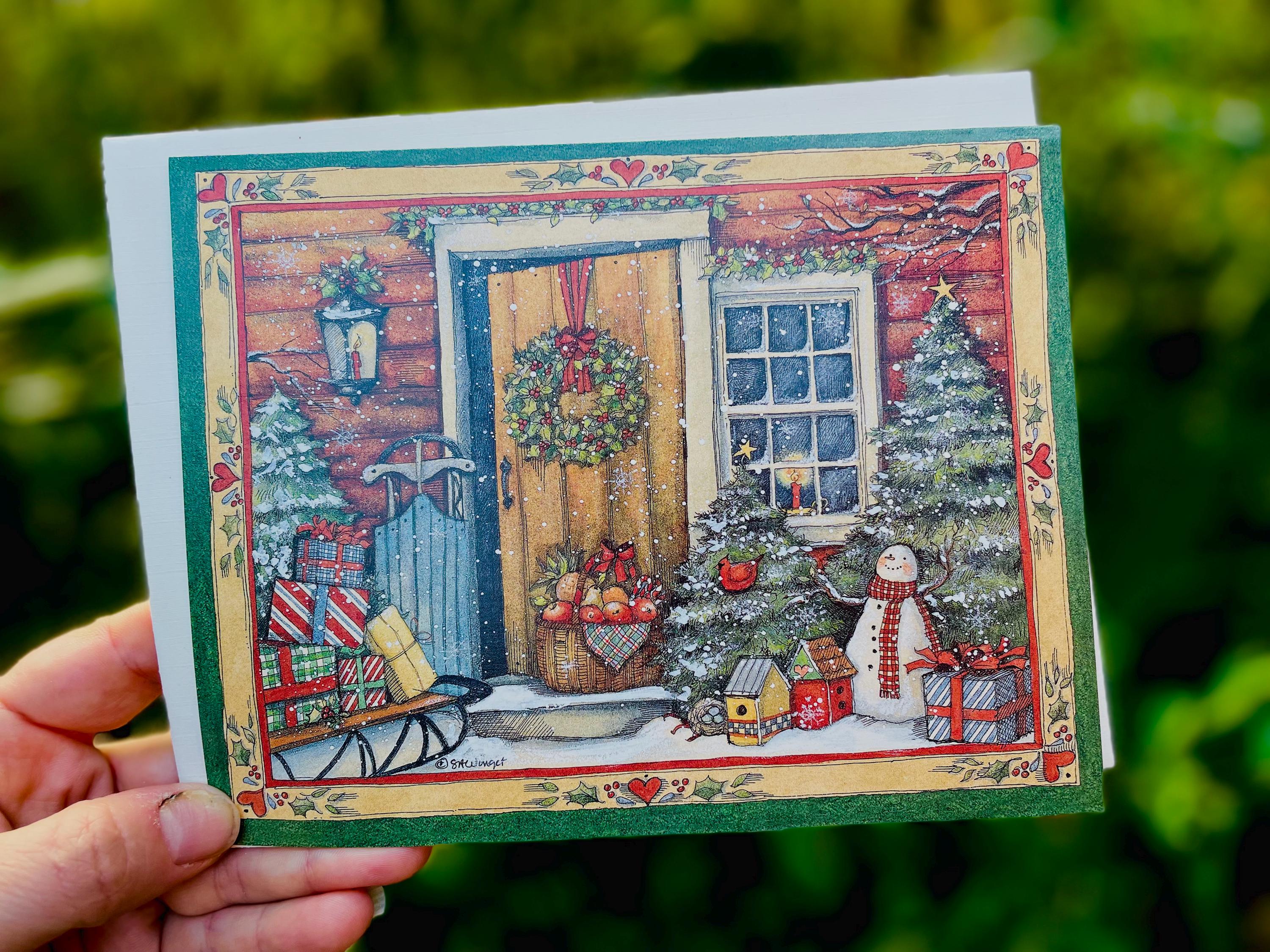 Holiday Door Christmas card boxed Vintage Old Fashion Christmas Card Snowman Sleigh Presents Christmas Wreath Farmhouse Winter Greeting Card