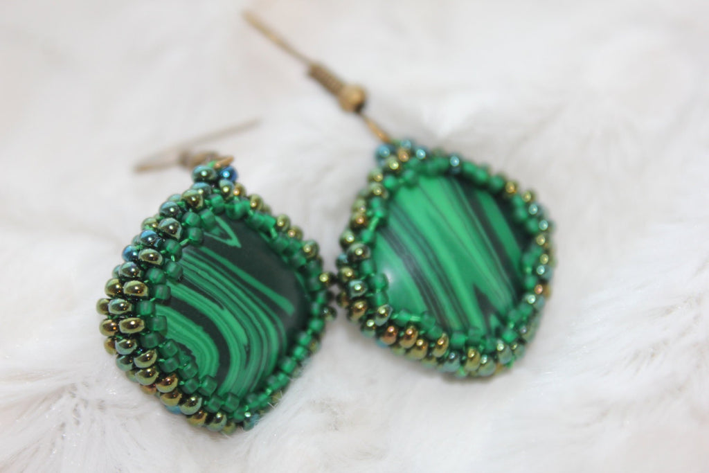 Dangle Malachite Earrings copper gold sterling silver hook, vintage emerald Green beaded earrings statement unique handmade gift for mom