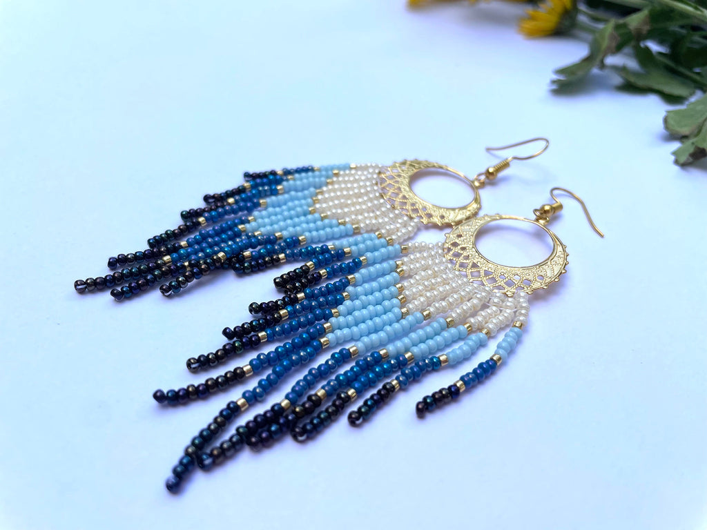 gold and denim blue bead Woven Geometrical Fringe Earrings, 14K Gold-Filled Earwires Handmade Unique Gift for Her best Friend Boho Jewelry