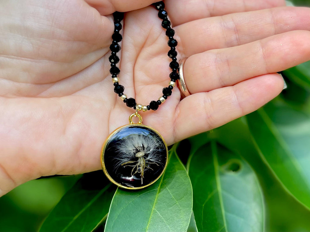 Black Spinel Beaded Necklace: Real Dandelion Charm, Sterling Silver/Gold