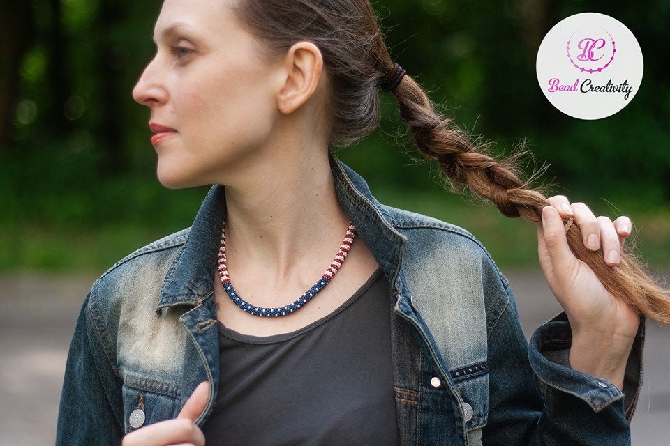 Patriotic Seed Bead Hoop Earrings & Bracelet: 4th of July Jewelry