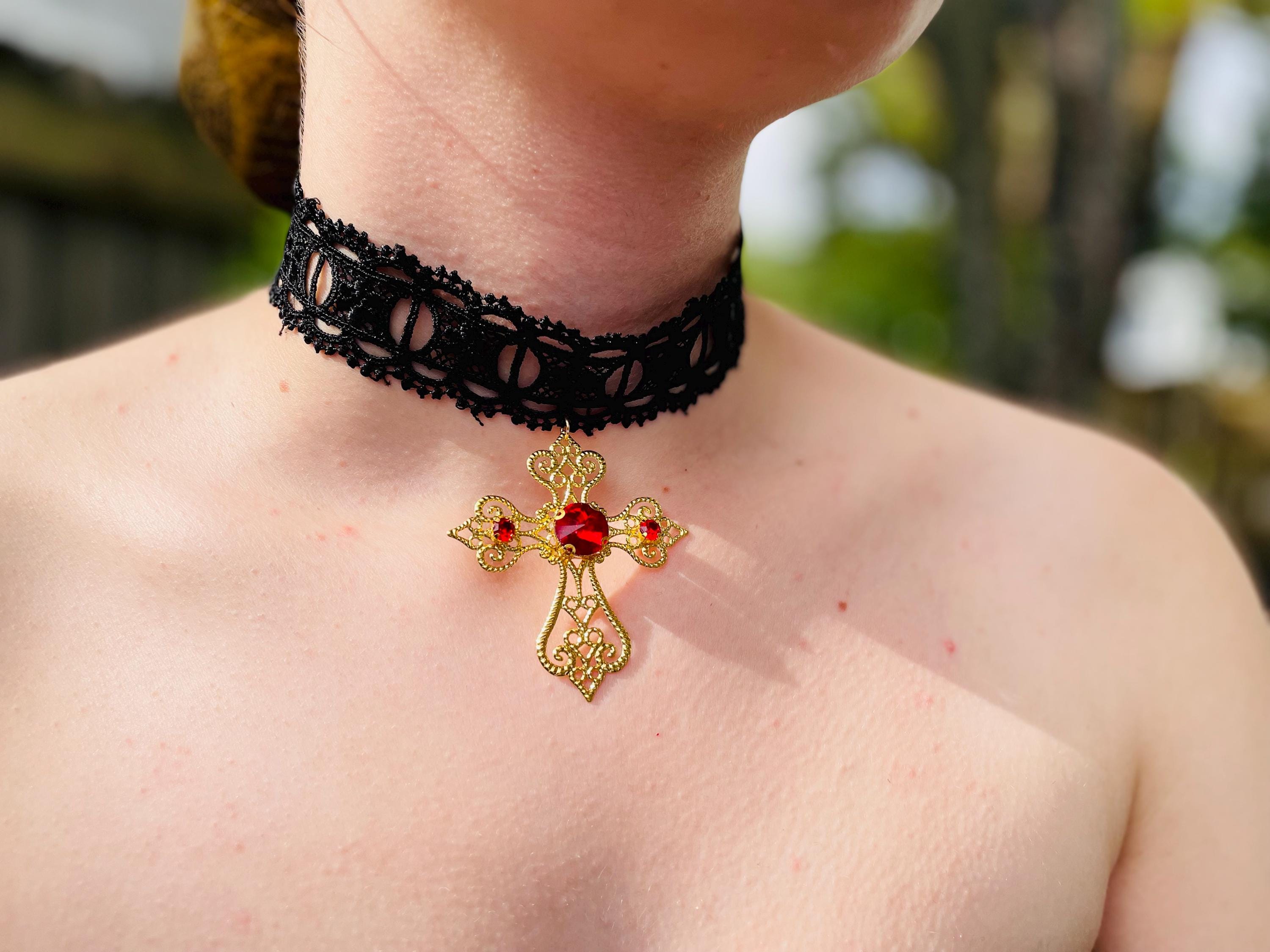 Gothic Red Crystal Collar Choker: Vintage Vampire Black Lace Necklace with Filigree Cross Pendant