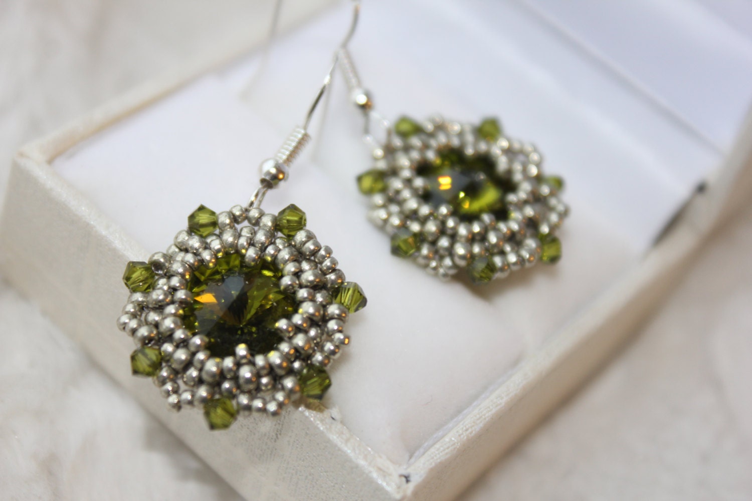 Chartreuse olive green Swarovski crystal sterling silver dangle earrings, handmade unique holiday jewelry gift boho green statement earrings
