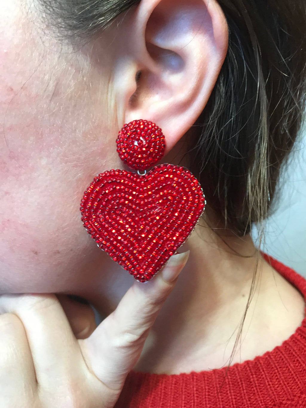 Valentines day heart earrings beaded | Red pink black big heart earrings clip on unique handmade valentines day gift for her wife girlfriend