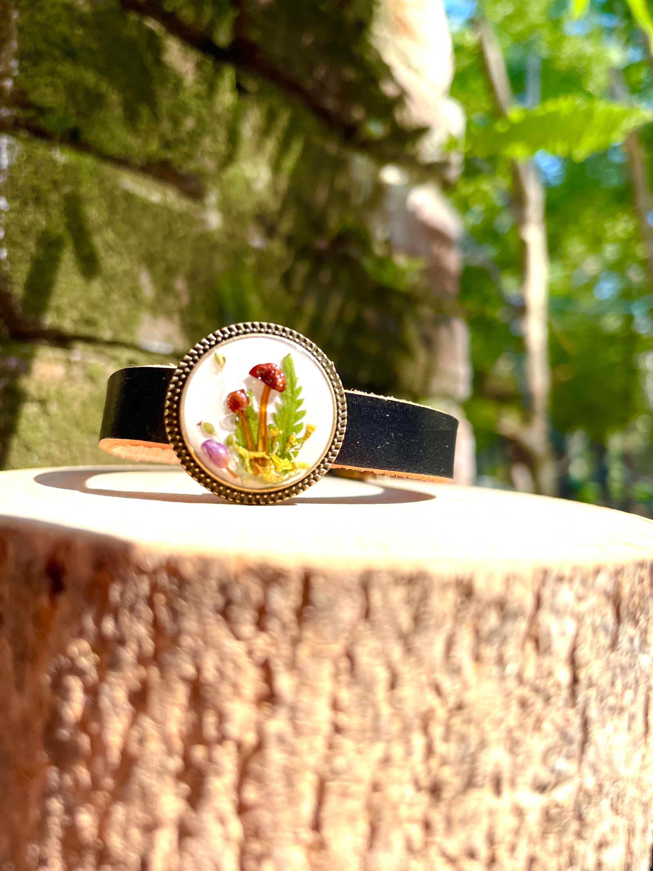 Woodland Mushroom Men Bracelet: Birthstone Personalized Genuine Leather Jewelry | leather anniversary