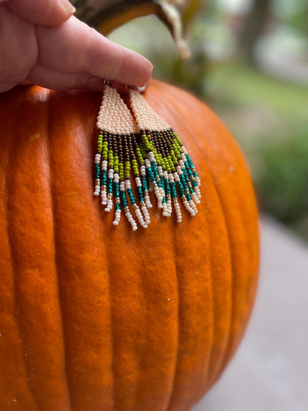Earthy Seed Bead Fringe Earrings: Handmade Fall Jewelry Emerald Green Olive tassel