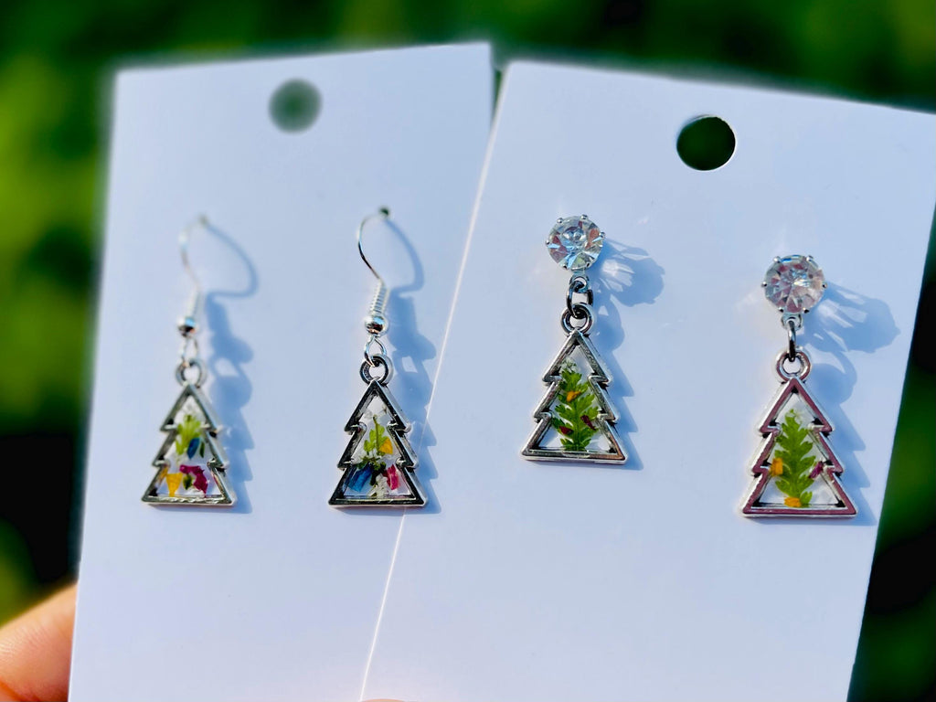 Fern Christmas Tree Earrings Silver: Real Pressed Flower Festive Stud Dangle Earrings Freshwater Pearl