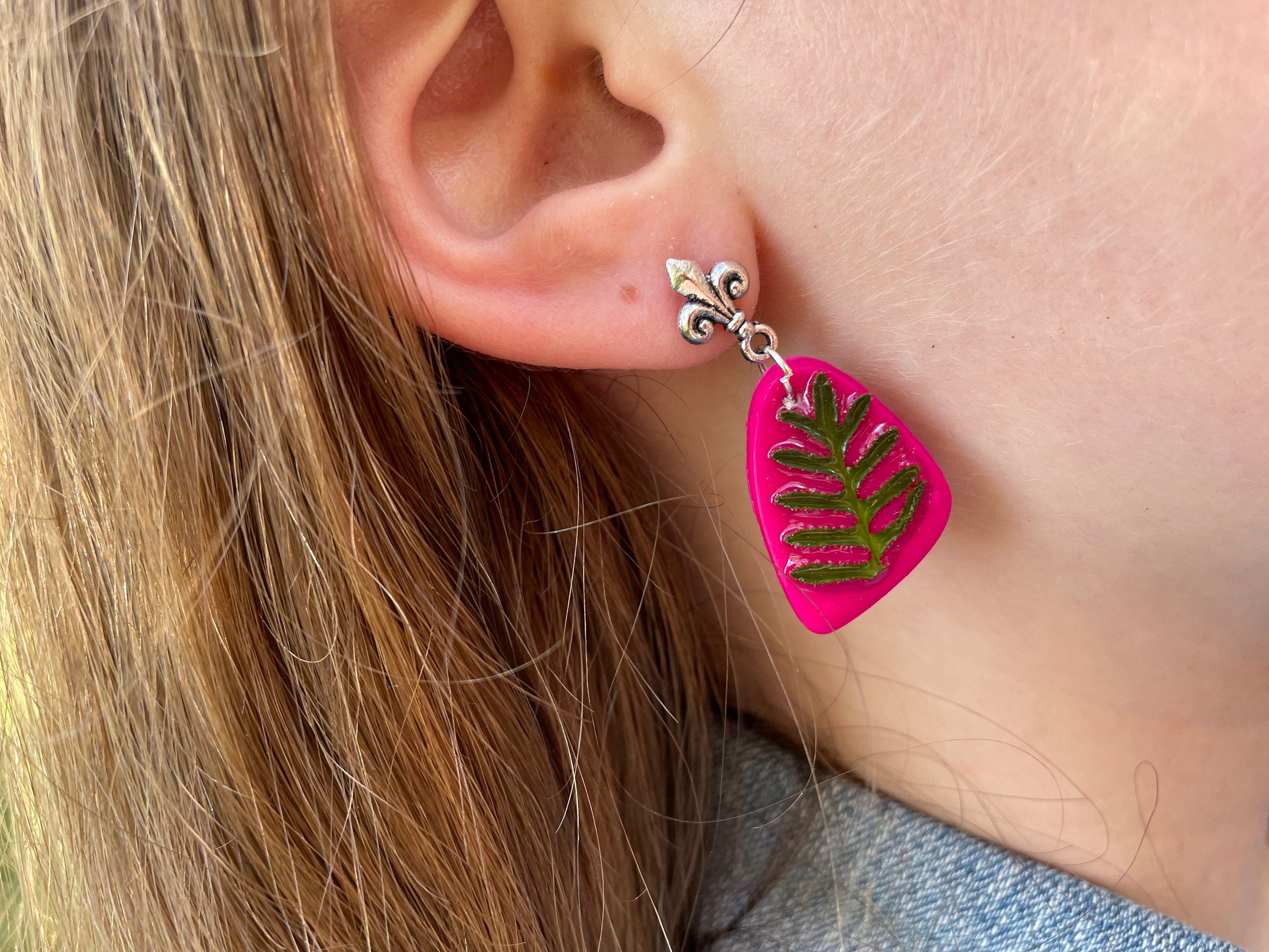 Minimalist earrings, Real flower earrings, fern earrings, hot pink polymer and resin clay earrings, pressed flower jewelry, flower girl gift