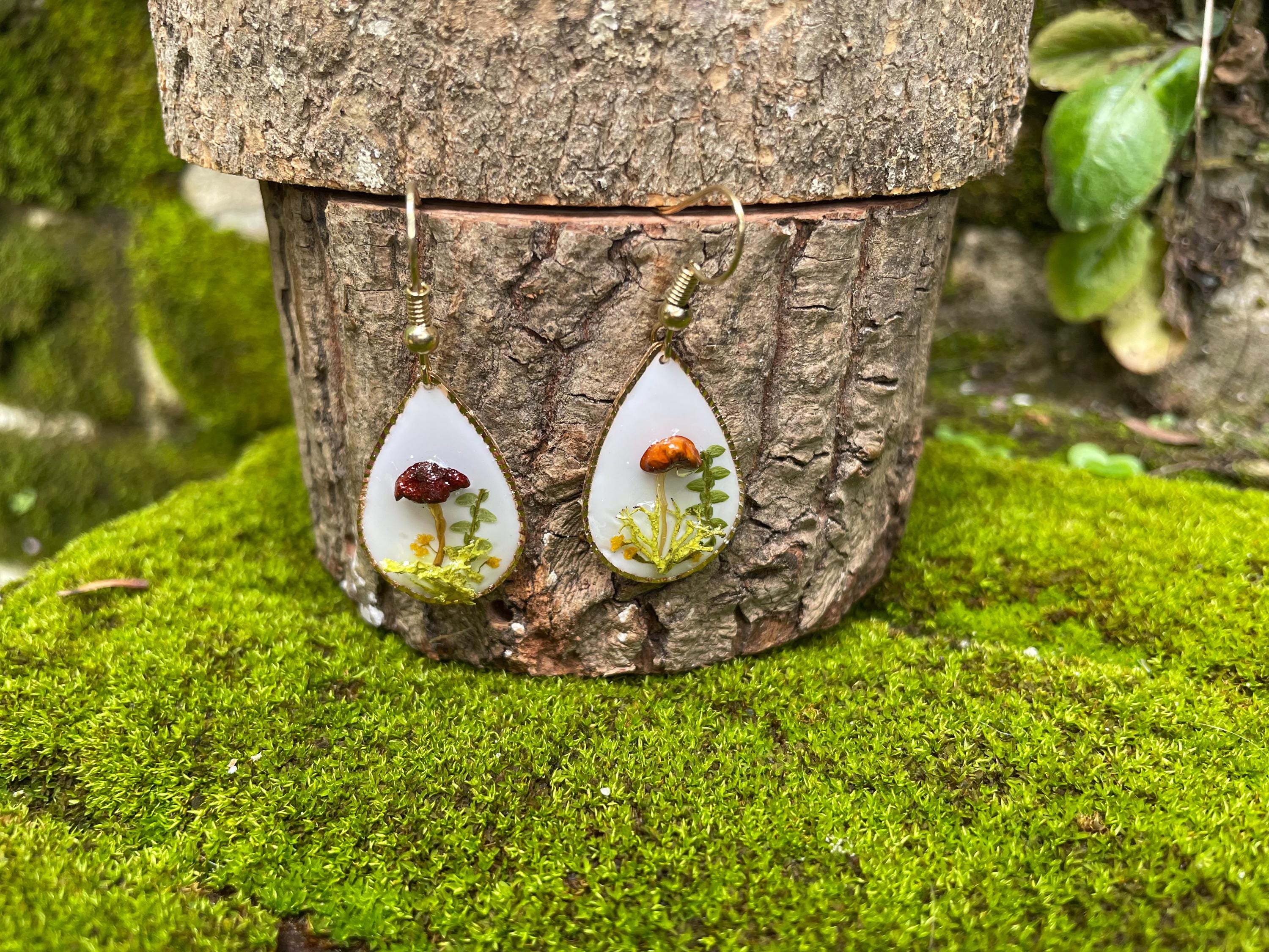 Mushroom Earrings: Real Wildflower Fern, 14K Gold, Personalized Birthstone