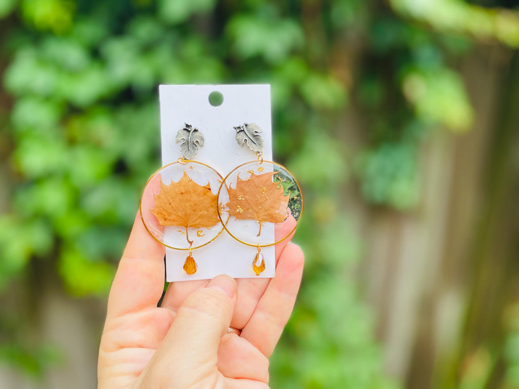 Autumn Leaf Resin Earrings: 14K Gold Filled or Sterling Silver, Handmade Chandeliers Citrine