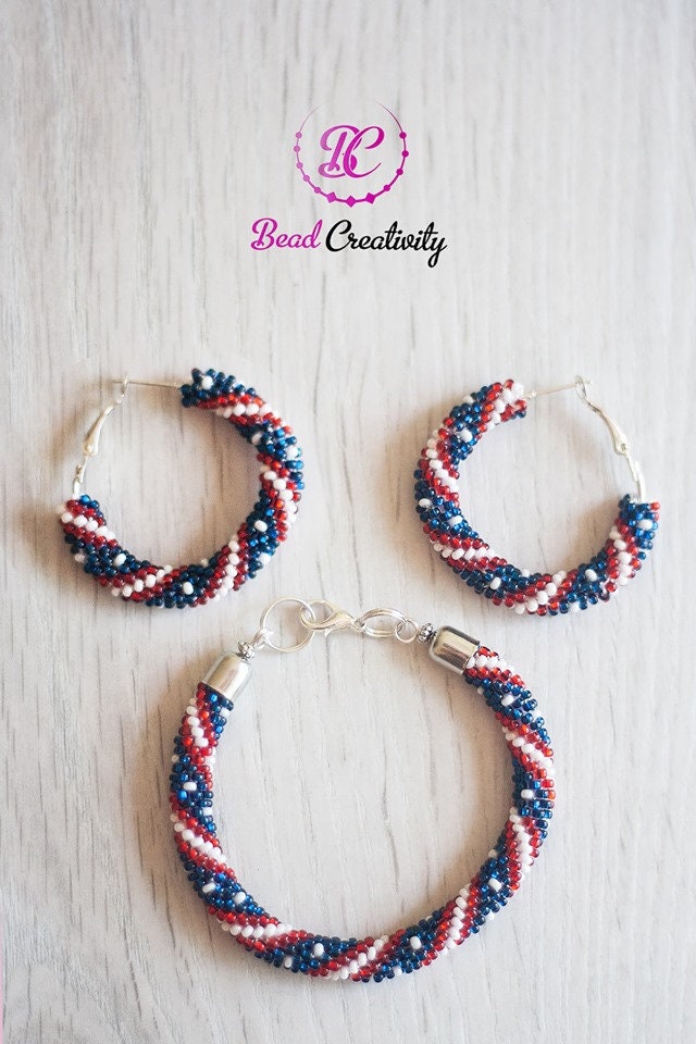 Patriotic Seed Bead Hoop Earrings & Bracelet: 4th of July Jewelry