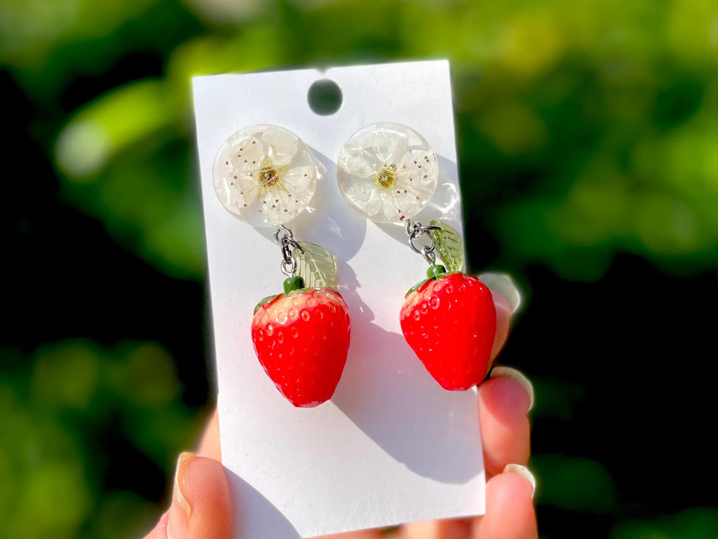 Strawberry Earrings: Real Blossom, Sterling Silver Hooks, Botanical Jewelry