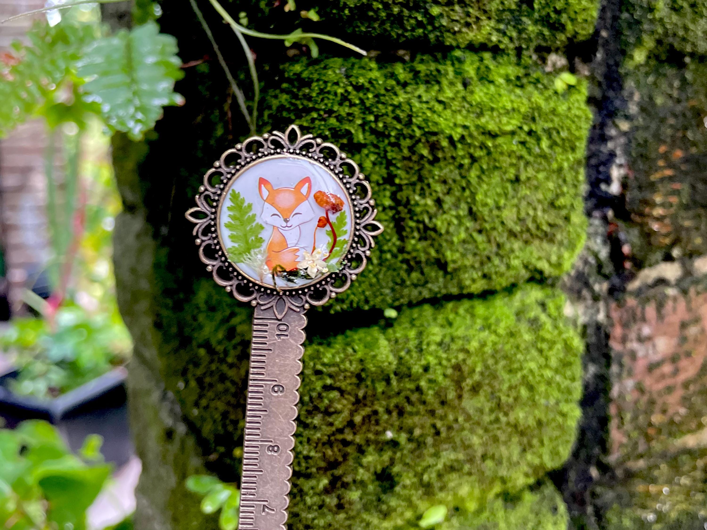 Bronze Metal Fox Bookmark with real Mushrooms Fern and Pressed Flowers - Woodland Style Bookish Gift