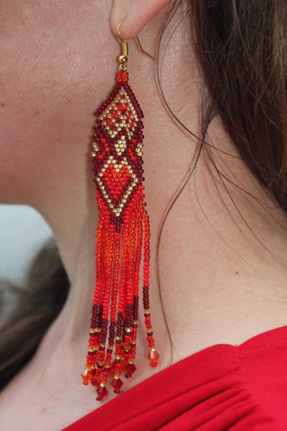 Heart earrings for women, Red gold Seed bead earrings, best friend gift, red Beaded earrings long, Native American style, Statement earrings