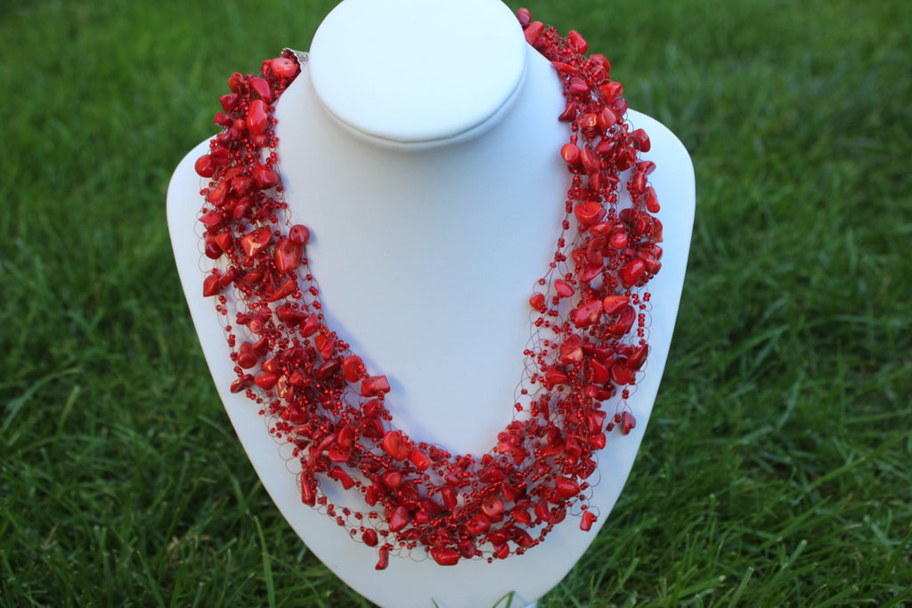 Red coral Necklace, Personalized Mothers Day gift for her grandma gift, Raw birthstone custom gemstone jewelry, necklace collar multi strand