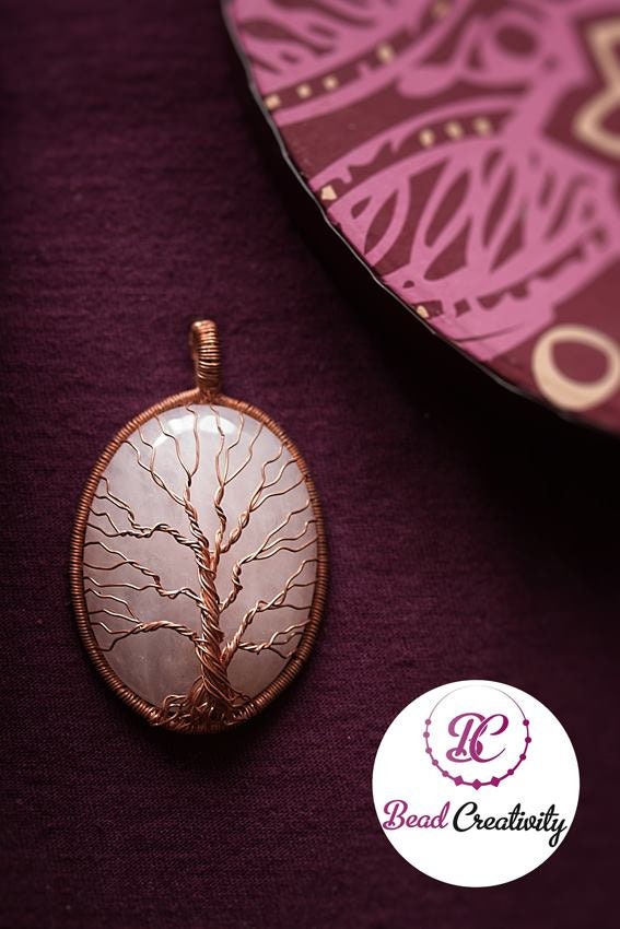 Personalized Rose Quartz Tree of Life Necklace: Copper Wire Wrapped Custom Birth Flower & Initial Pendant