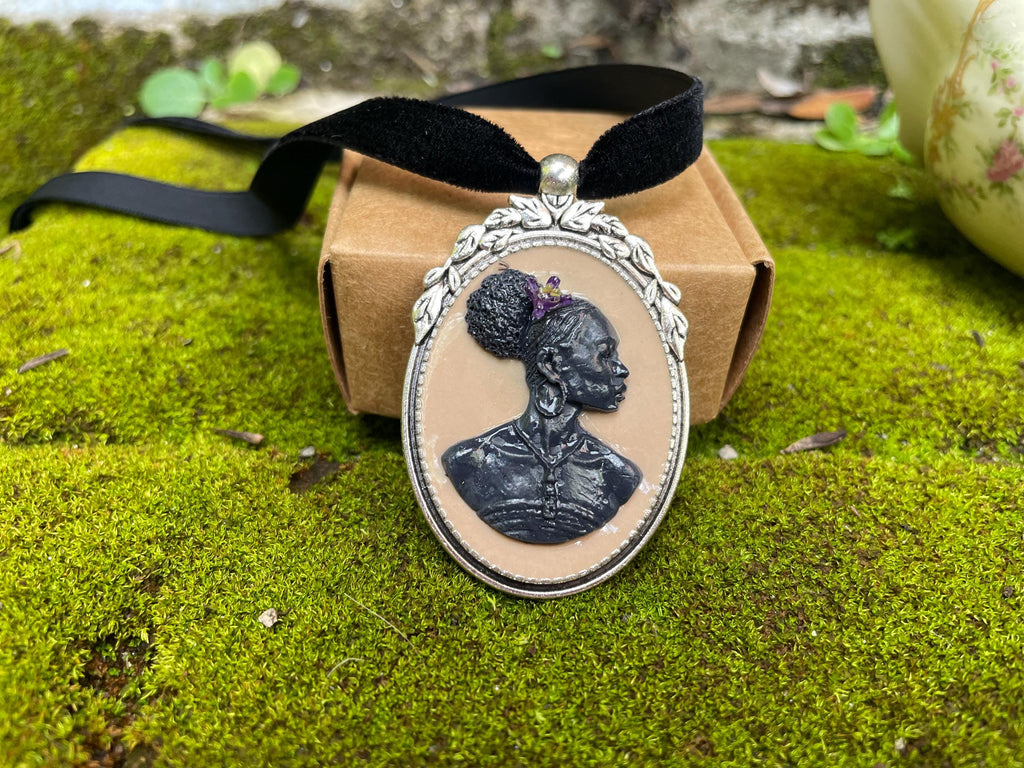 Handmade Cameo Necklace: African American Woman, Velvet Choker, Birthstone Option