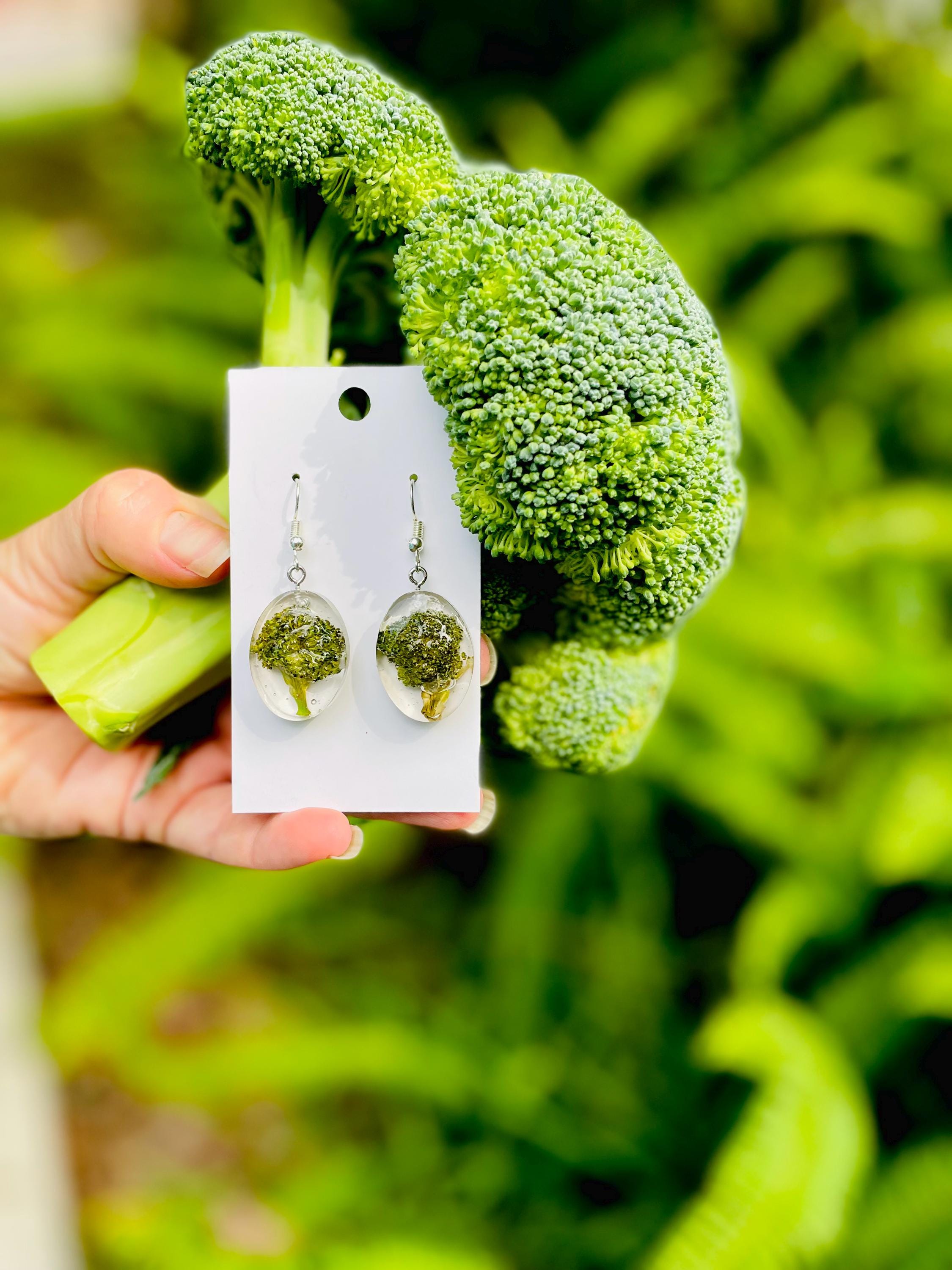 Real Broccoli Earrings: Handmade Resin Food Jewelry, Sterling Silver