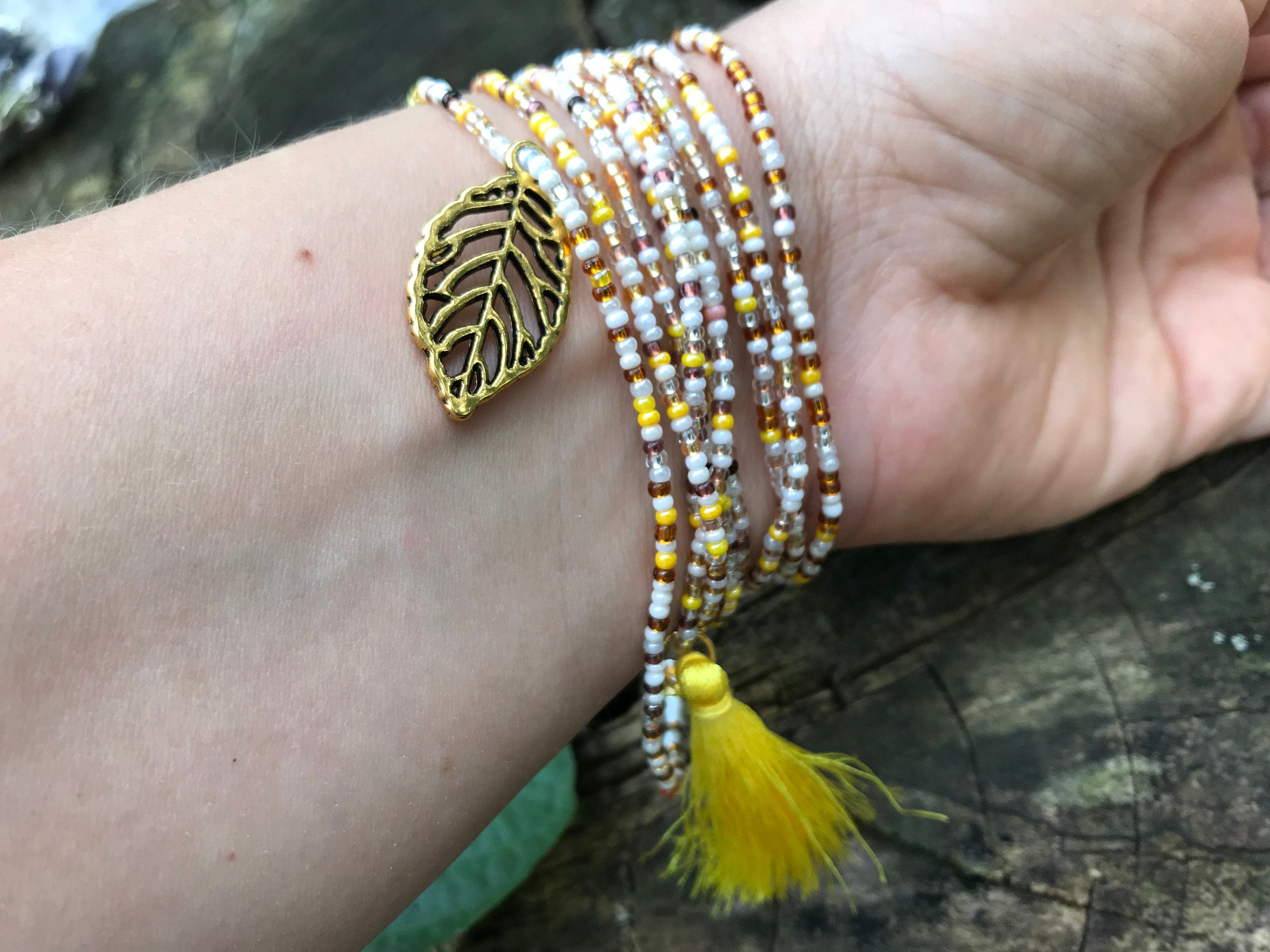 yellow brown beaded wrap bracelet, Fall accessory for girlfriend ~leaf seed bead bracelet~mini tassel bangle for hippie, seed bead necklace