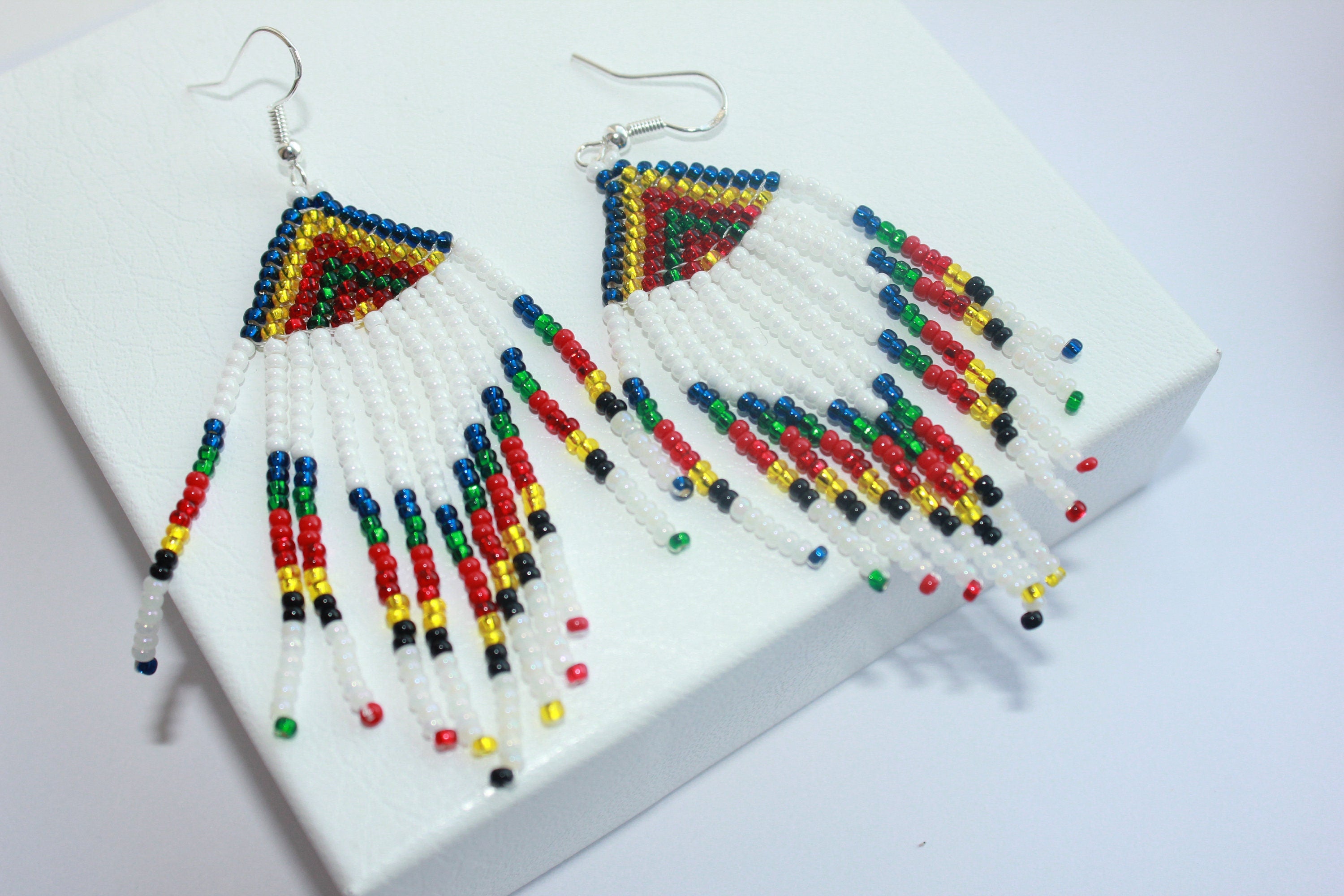 Dangle earrings Rainbow seed bead tassel earrings, beaded earrings, Long fringe Beaded Gypsy colorful dangles, native American jewelry women