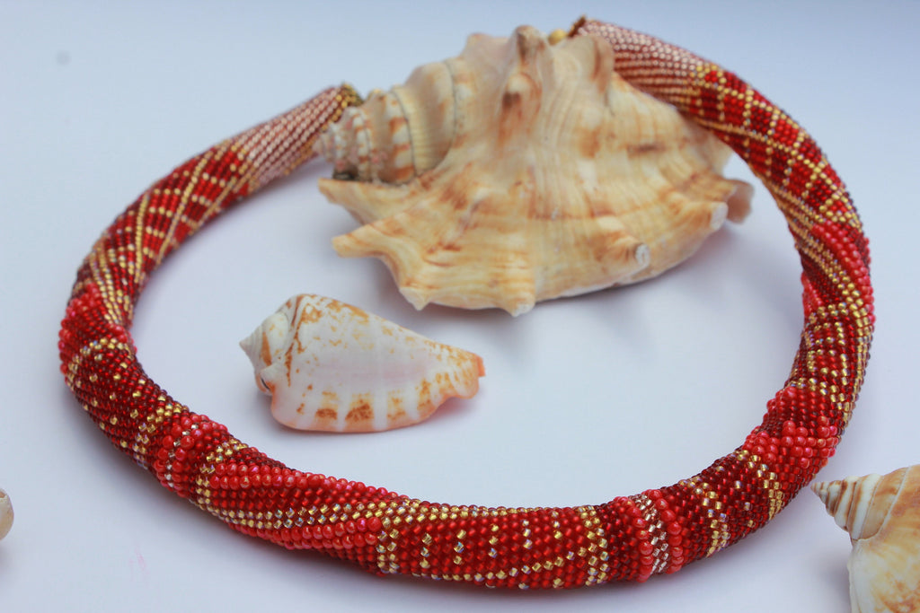 Birthday gift for her, red necklace, beaded choker, patchwork necklace, girlfriend birthday present, bridesmaid necklace, handmade jewelry