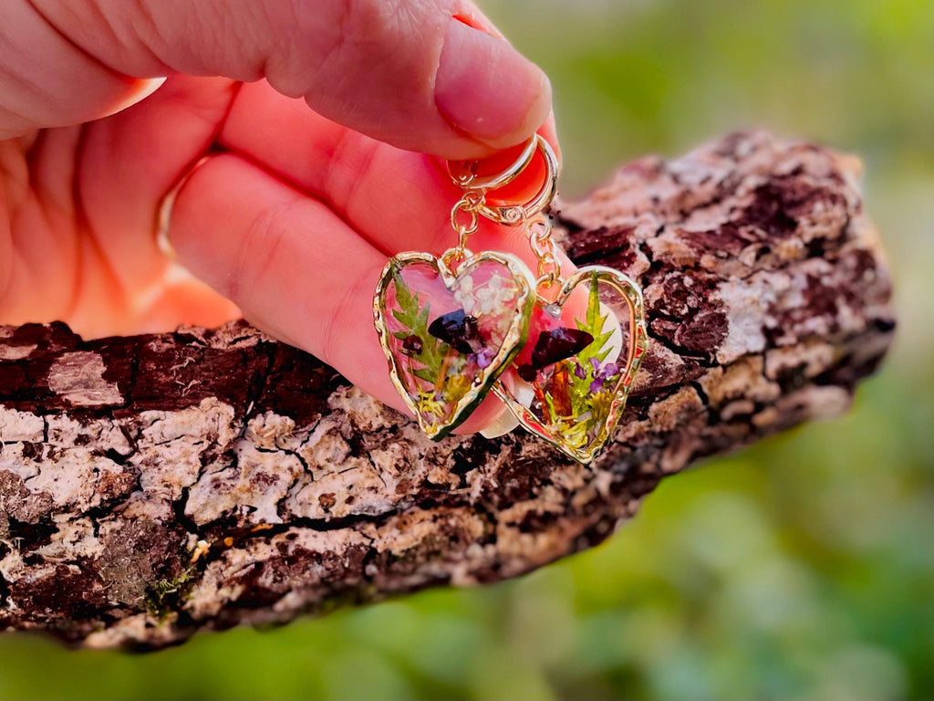 Real Mushroom & Elderberry Wildflower Heart Huggie Hoop Earrings Resin - 14K Gold Dangle Fairy Jewelry Galentine