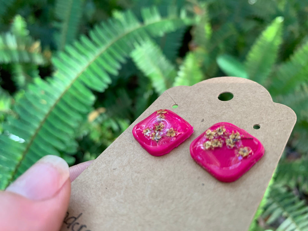 Minimalist earrings, Real flower earrings, fern earrings, hot pink polymer and resin clay earrings, pressed flower jewelry, flower girl gift
