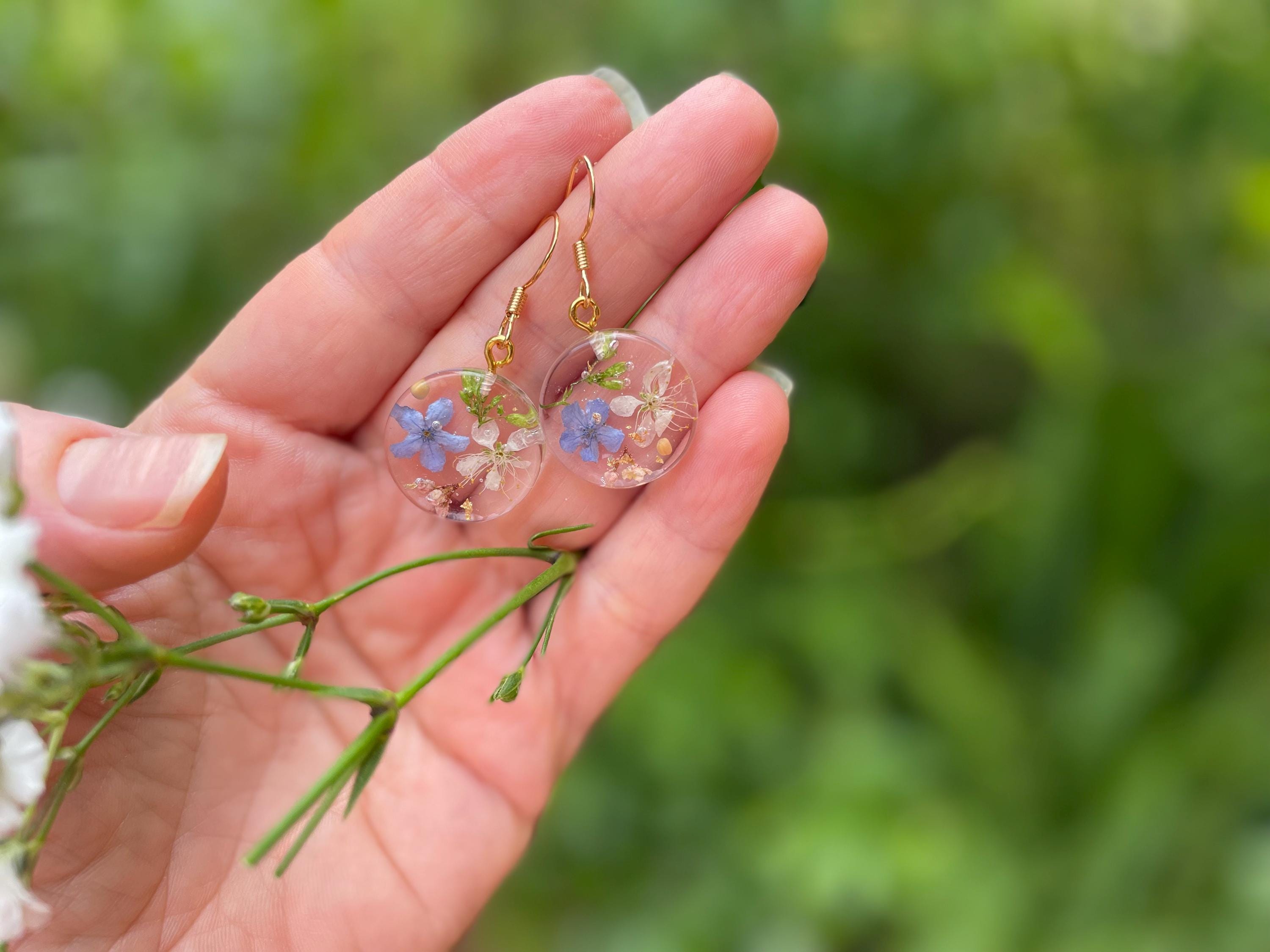 Real Pressed Flower Resin Earrings: Forget Me Not, Baby's Breath