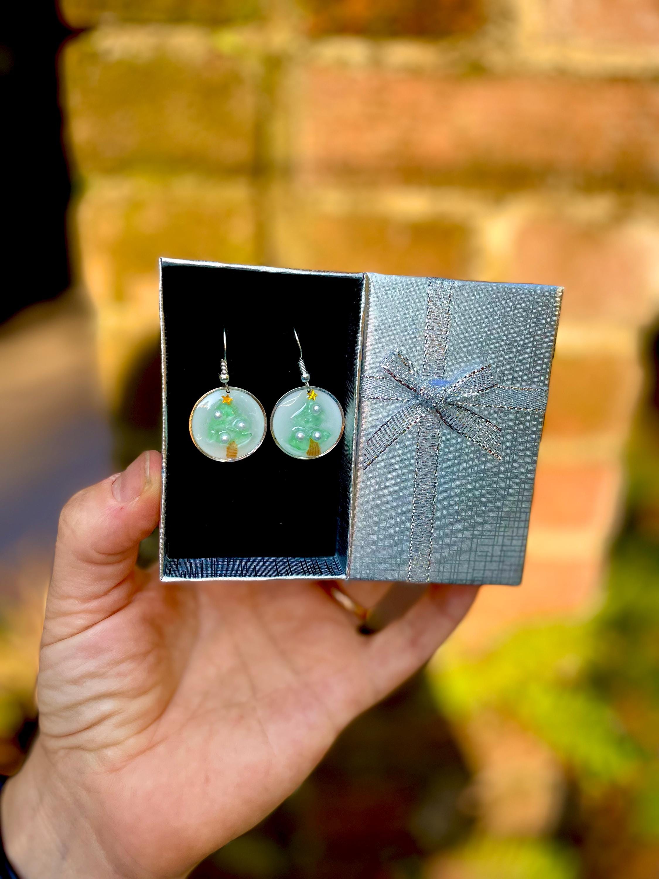 Sea Glass Christmas Tree Earrings: Resin Pearl Mosaic, Silver Tone