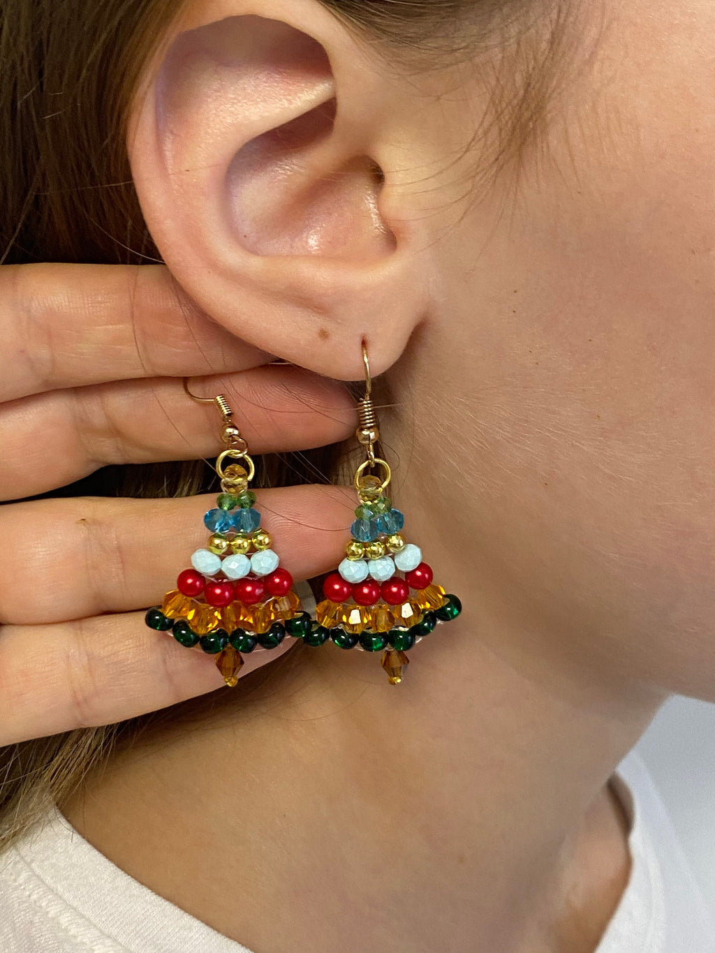 White Christmas Tree Earrings Beaded: Unique Pearl Silver Winter Holiday Dangles for Women