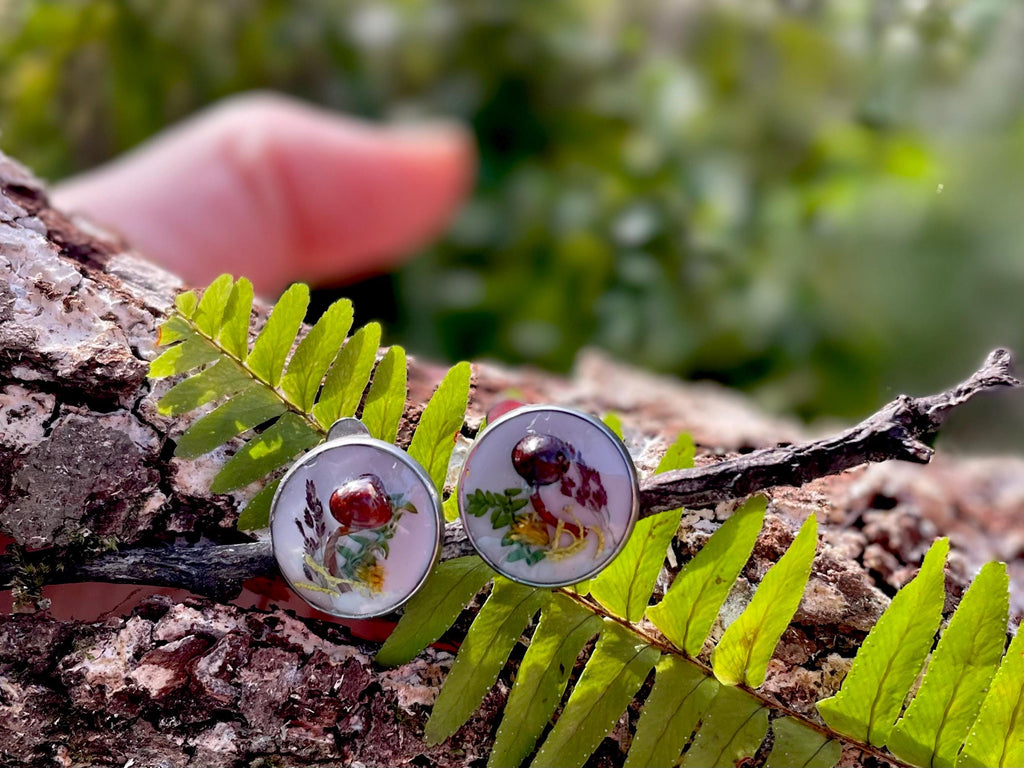 Mushroom Earrings Stud/Clip on: Real Moss and Fern, Sterling Silver, Botanical Jewelry