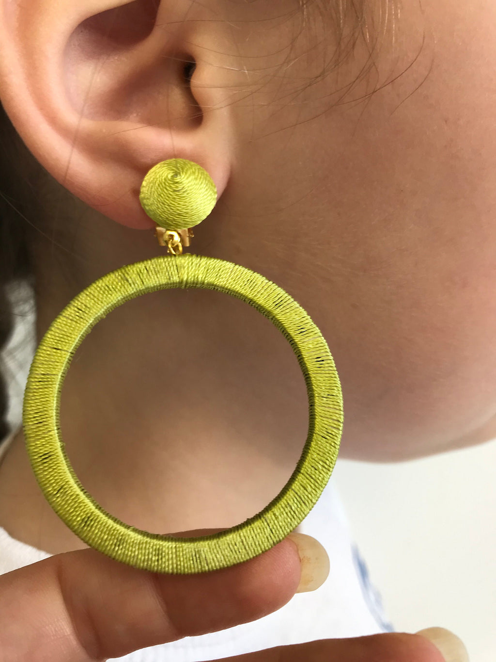 Chartreuse green Oversize hoop earrings, big hoops clip on, statement laser cut wooden studs, trendy fashion jewelry, olive green earrings