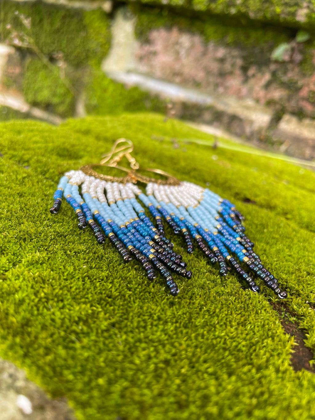 gold and denim blue bead Woven Geometrical Fringe Earrings, 14K Gold-Filled Earwires Handmade Unique Gift for Her best Friend Boho Jewelry
