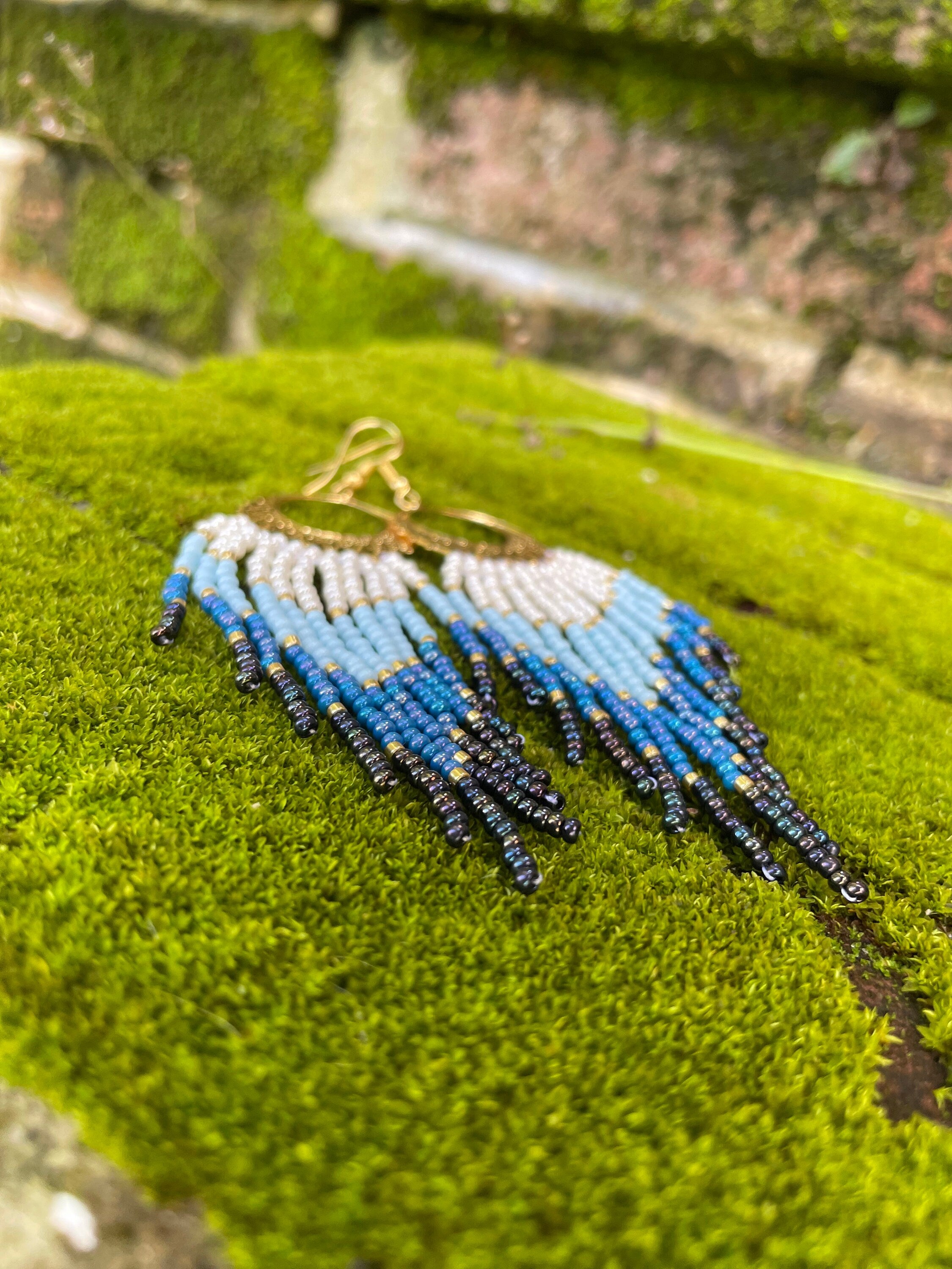 gold and denim blue bead Woven Geometrical Fringe Earrings, 14K Gold-Filled Earwires Handmade Unique Gift for Her best Friend Boho Jewelry