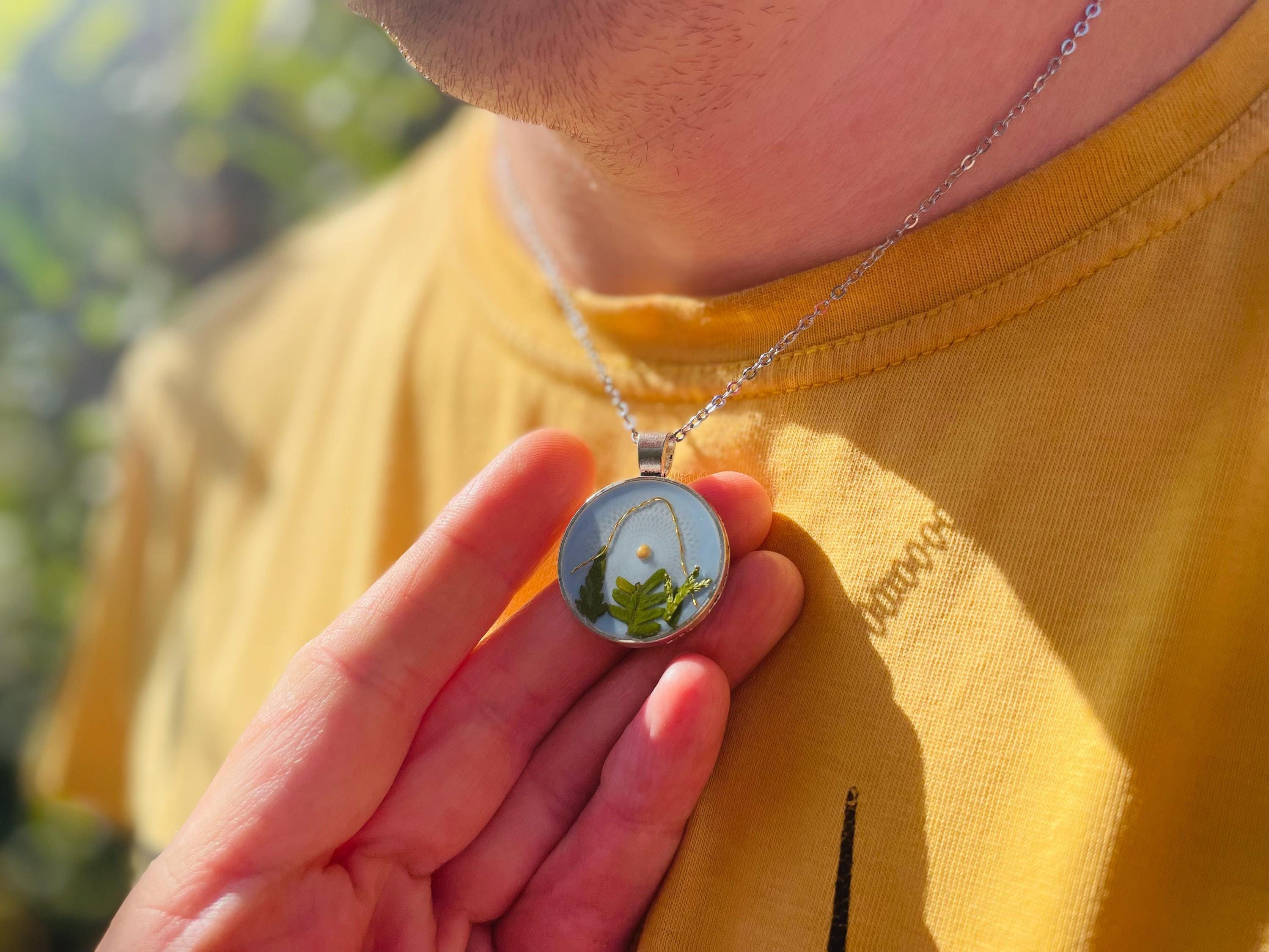 Mountain Fern Mustard Seed Necklace for Men/Women: Silver Sky Blue Pendant
