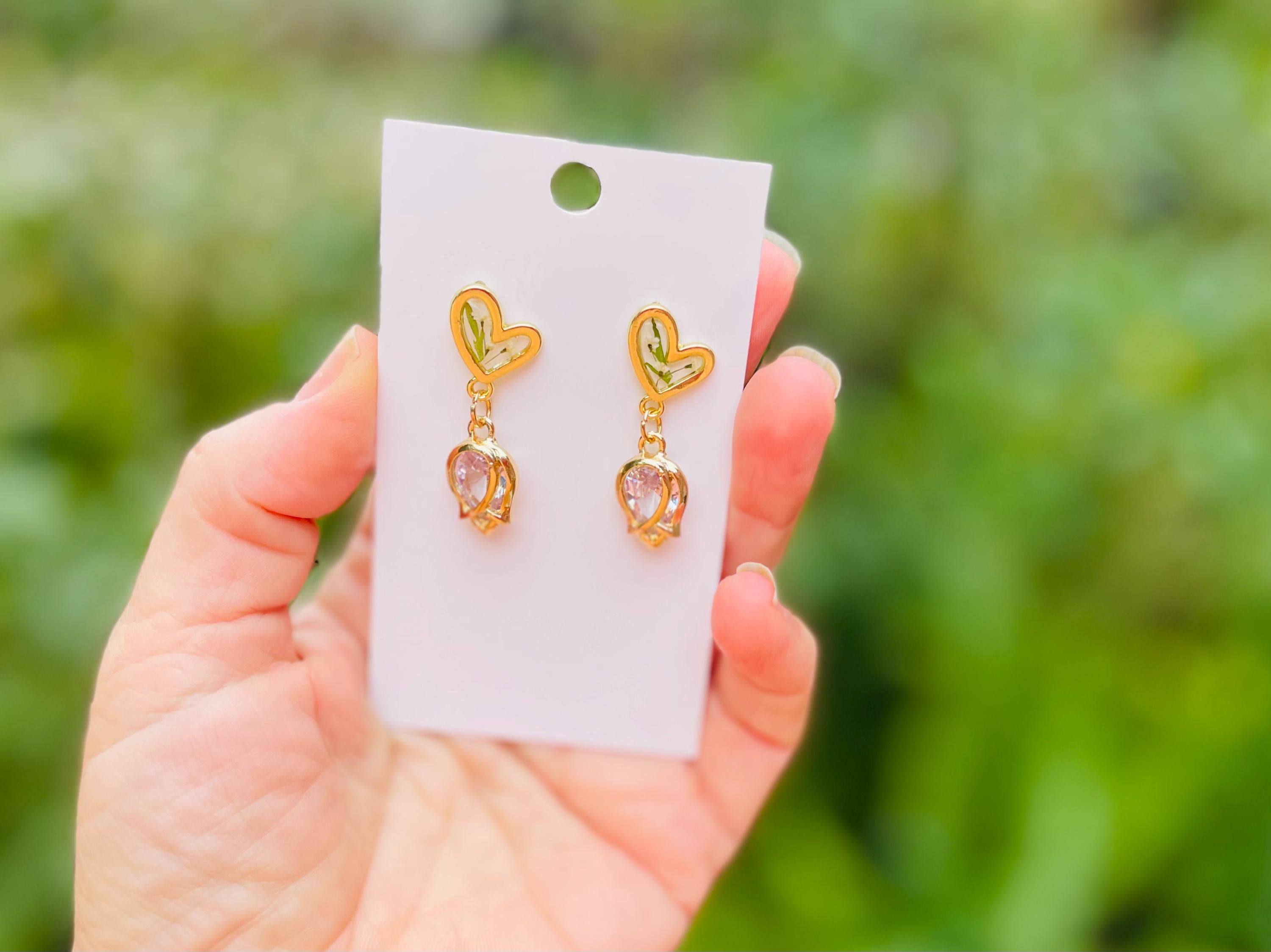 Gold Tulip Heart Earrings: Moissanite-like Crystal Flower Jewelry Galentine Day