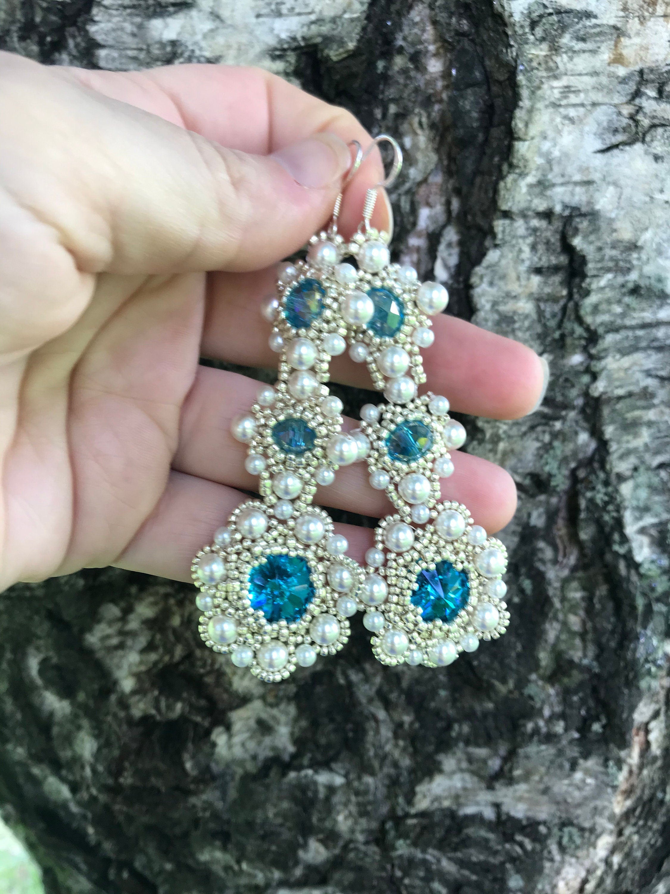 Wedding earrings for brides~Bridal dangle earrings~Swarovski pearl bridal earrings~Beaded earrings for wedding turquoise chandelier earrings