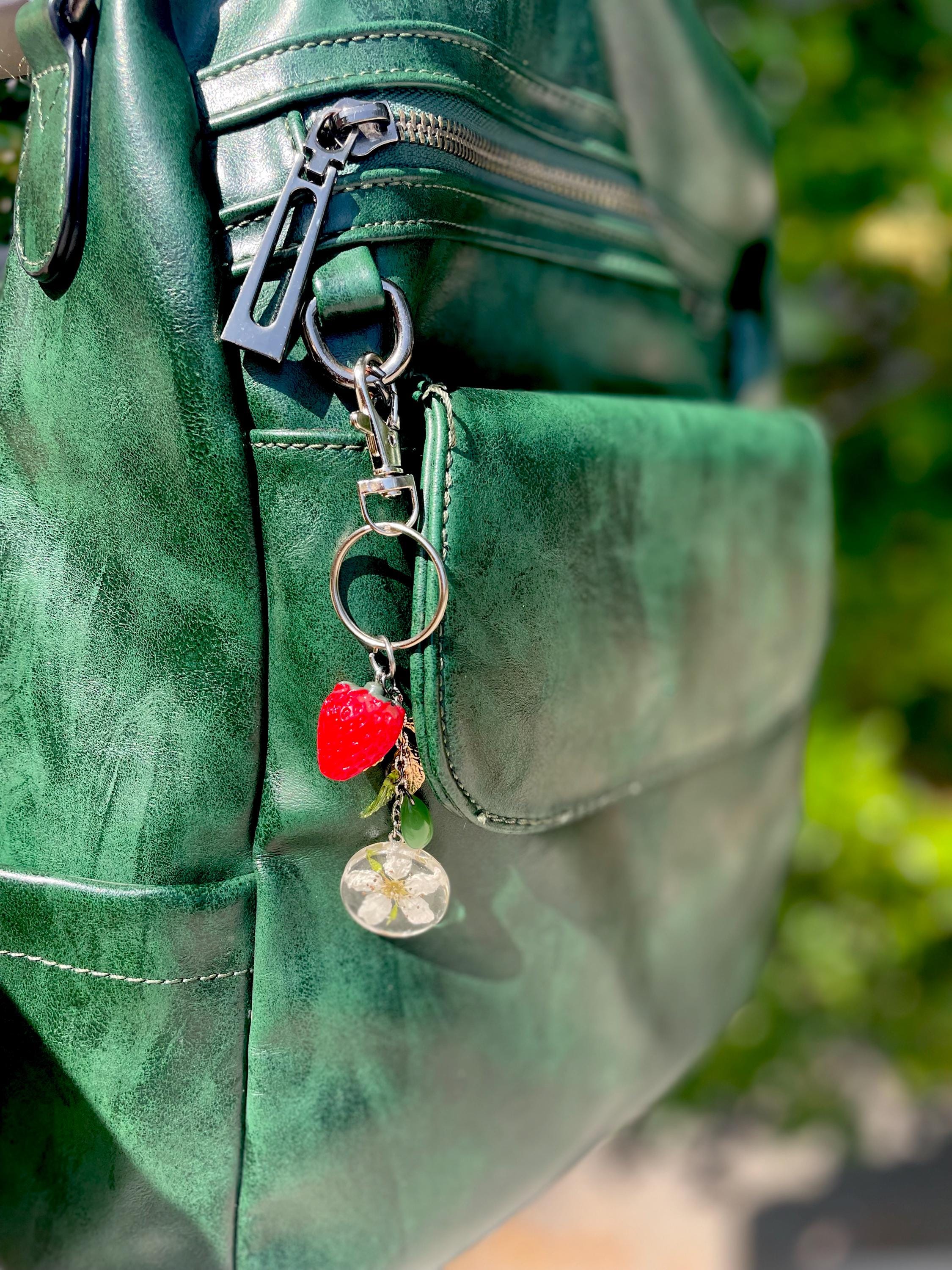 Strawberry Blossom Keychain: Aventurine Gemstone Beaded Bag Charm