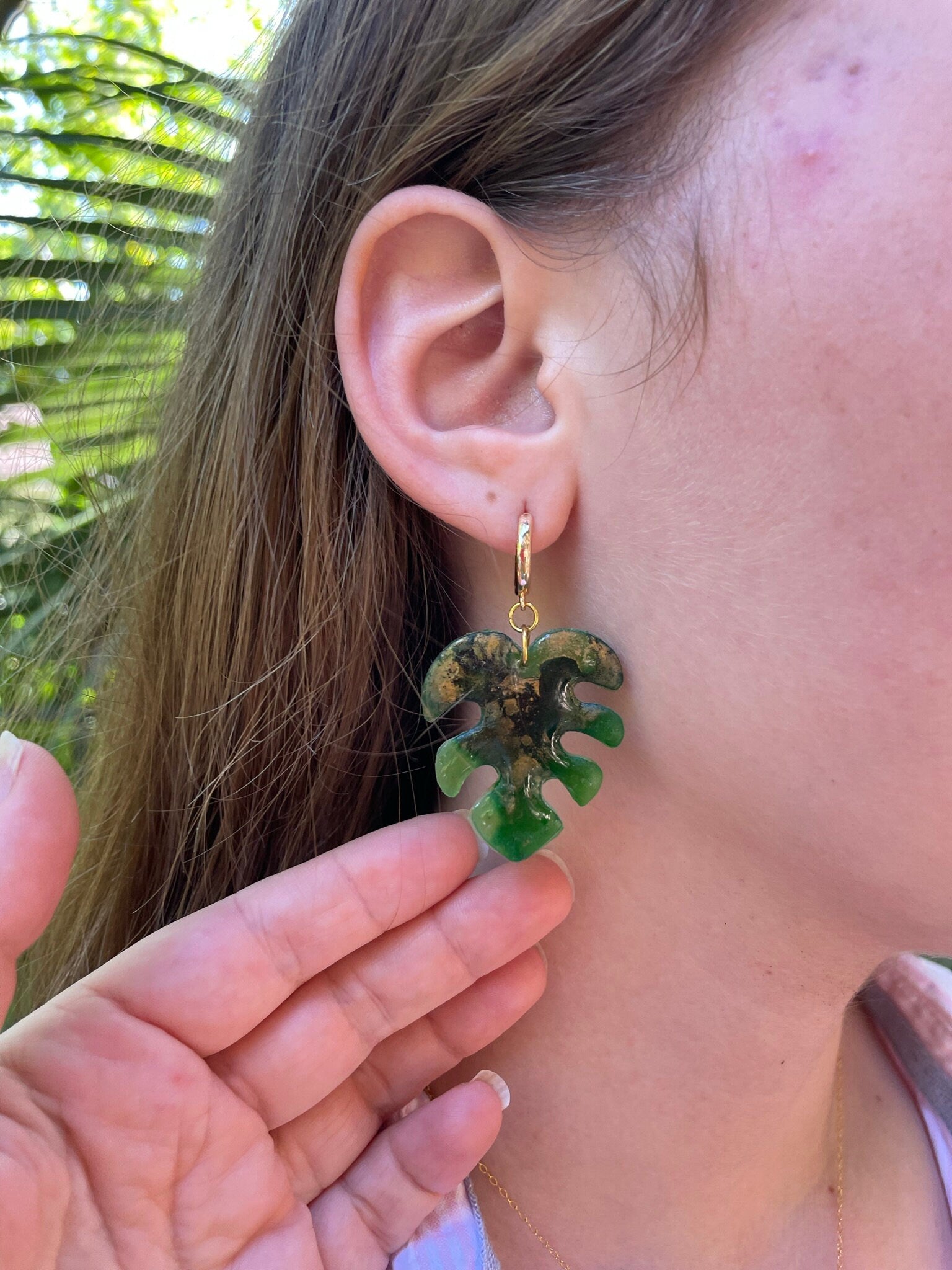 Tropical Island Style Monstera Leaf Earrings, Gold Hoop huggie earrings Cool Summer Jewelry Beach Wedding Maximalist Polymer Clay Earrings