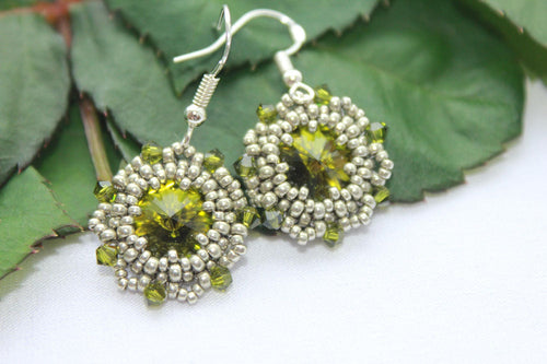 Chartreuse olive green Swarovski crystal sterling silver dangle earrings, handmade unique holiday jewelry gift boho green statement earrings