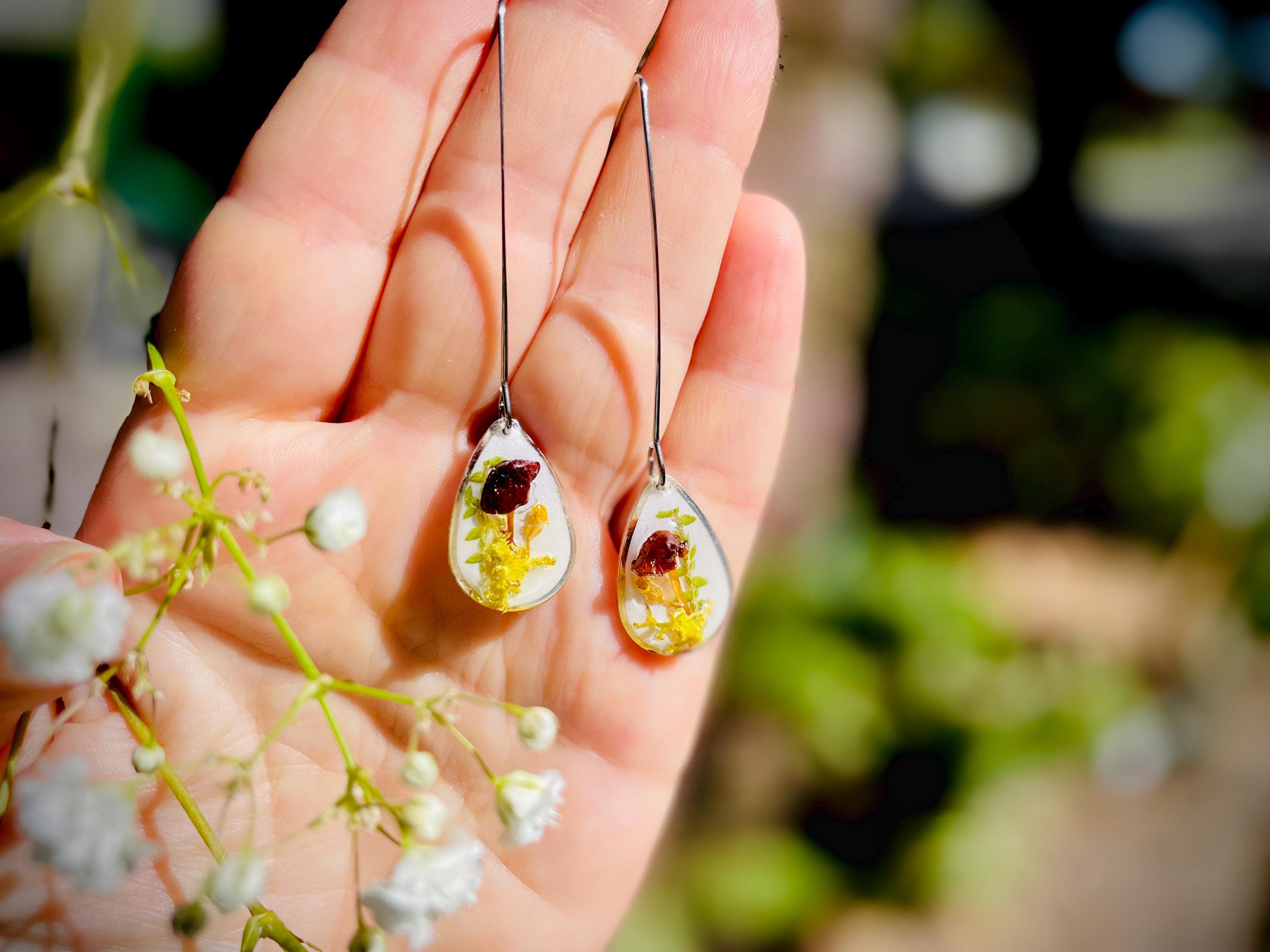 Real Mushroom Moss Dangle Earrings: Sterling Silver Threader, Woodland Fairy Jewelry