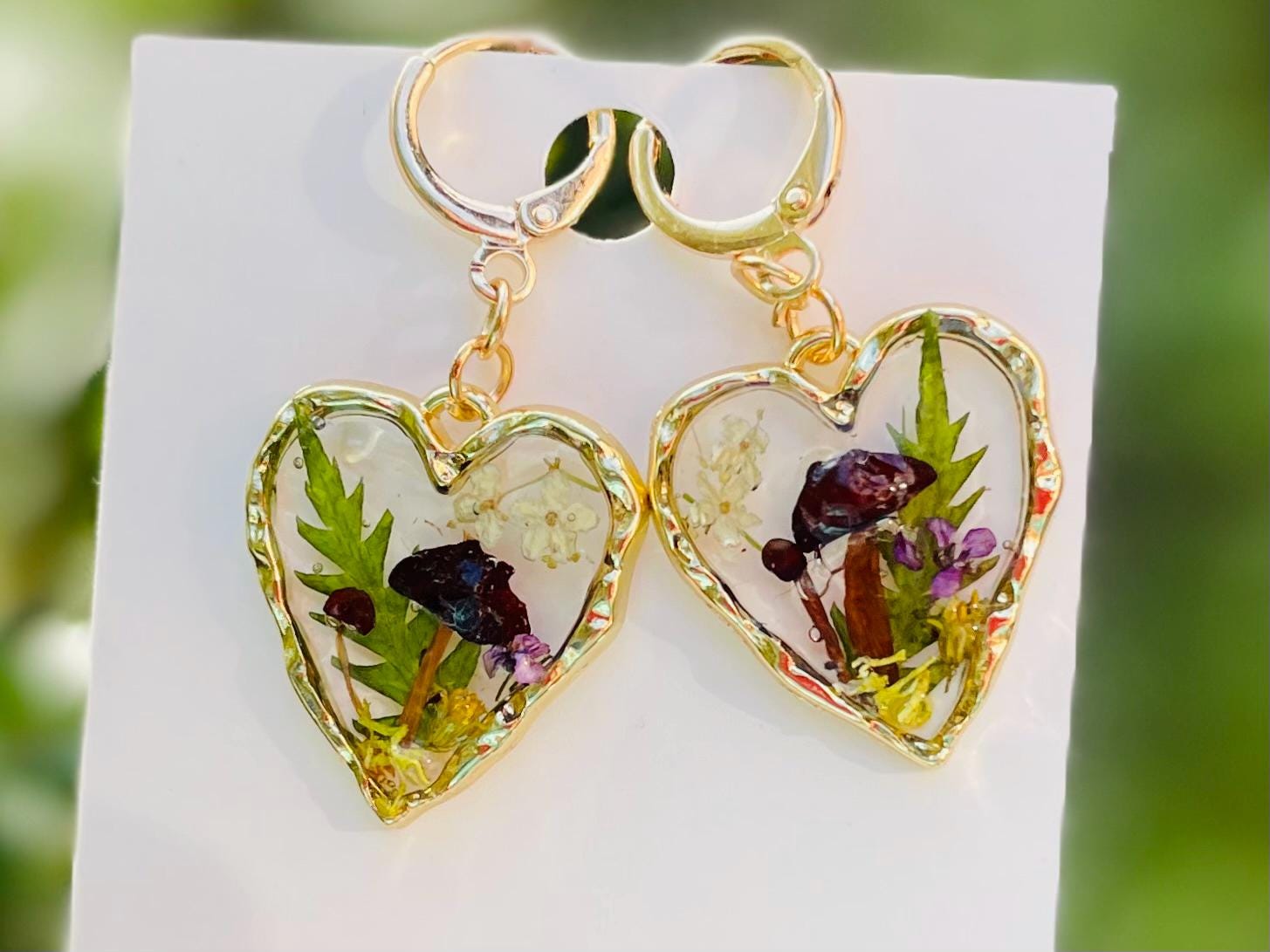 Real Mushroom & Elderberry Wildflower Heart Huggie Hoop Earrings Resin - 14K Gold Dangle Fairy Jewelry Galentine