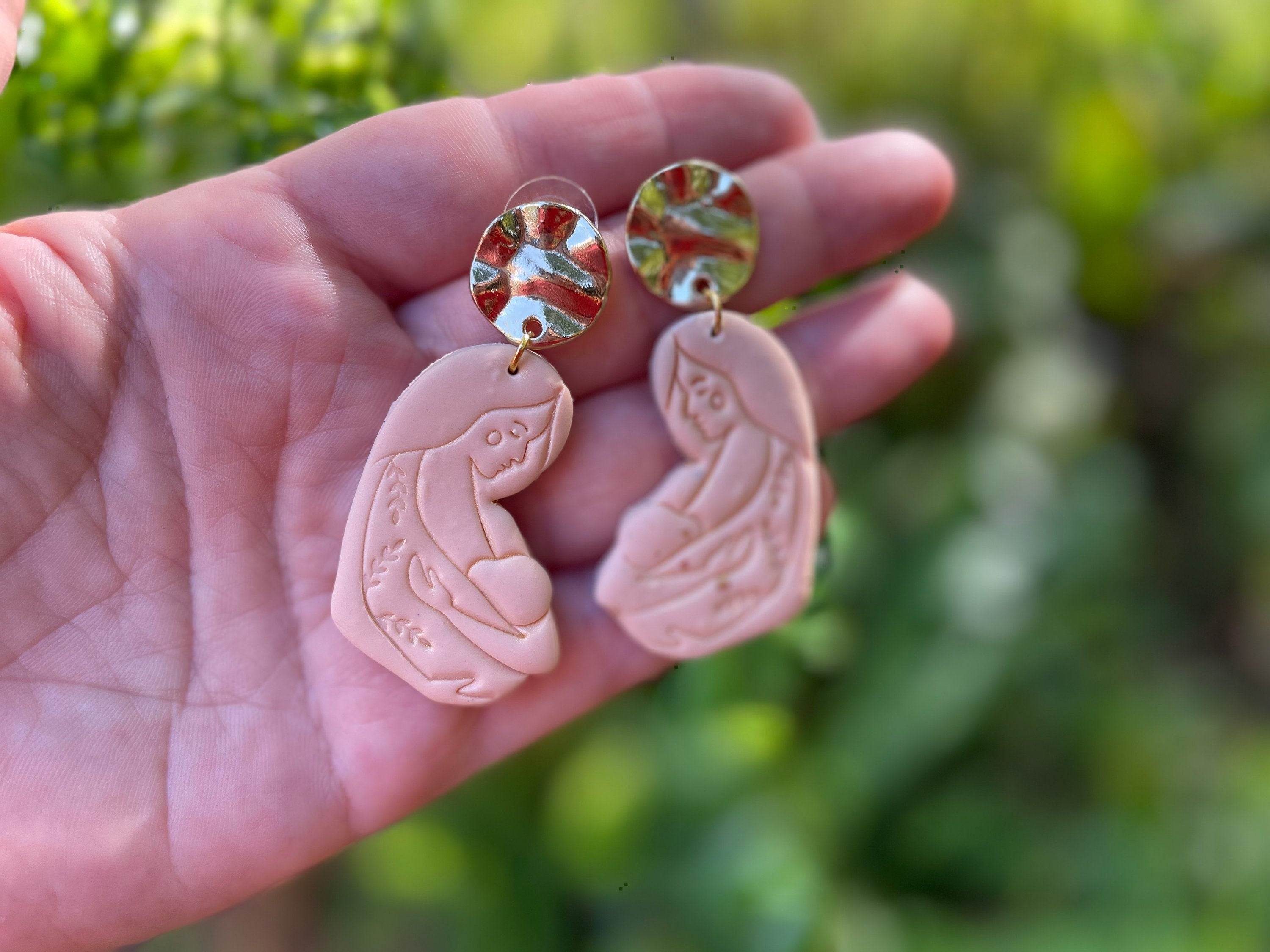 New mom earrings gift mother holding feeding baby beige and gold polymer clay earrings, baby shower gift idea for expecting mom