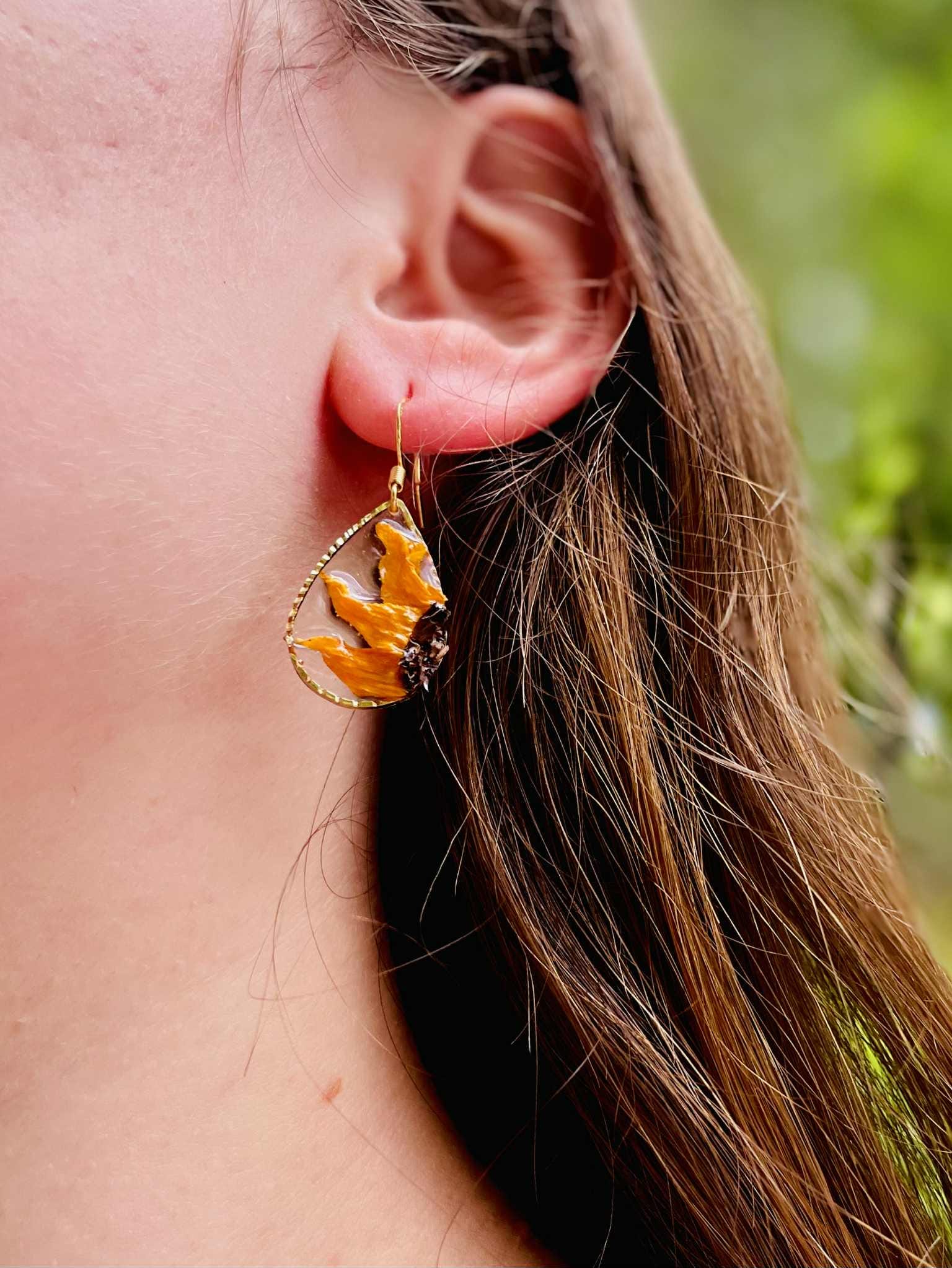 Sunflower Earrings: Real Flower Resin Dangle Drops, August Birth Month