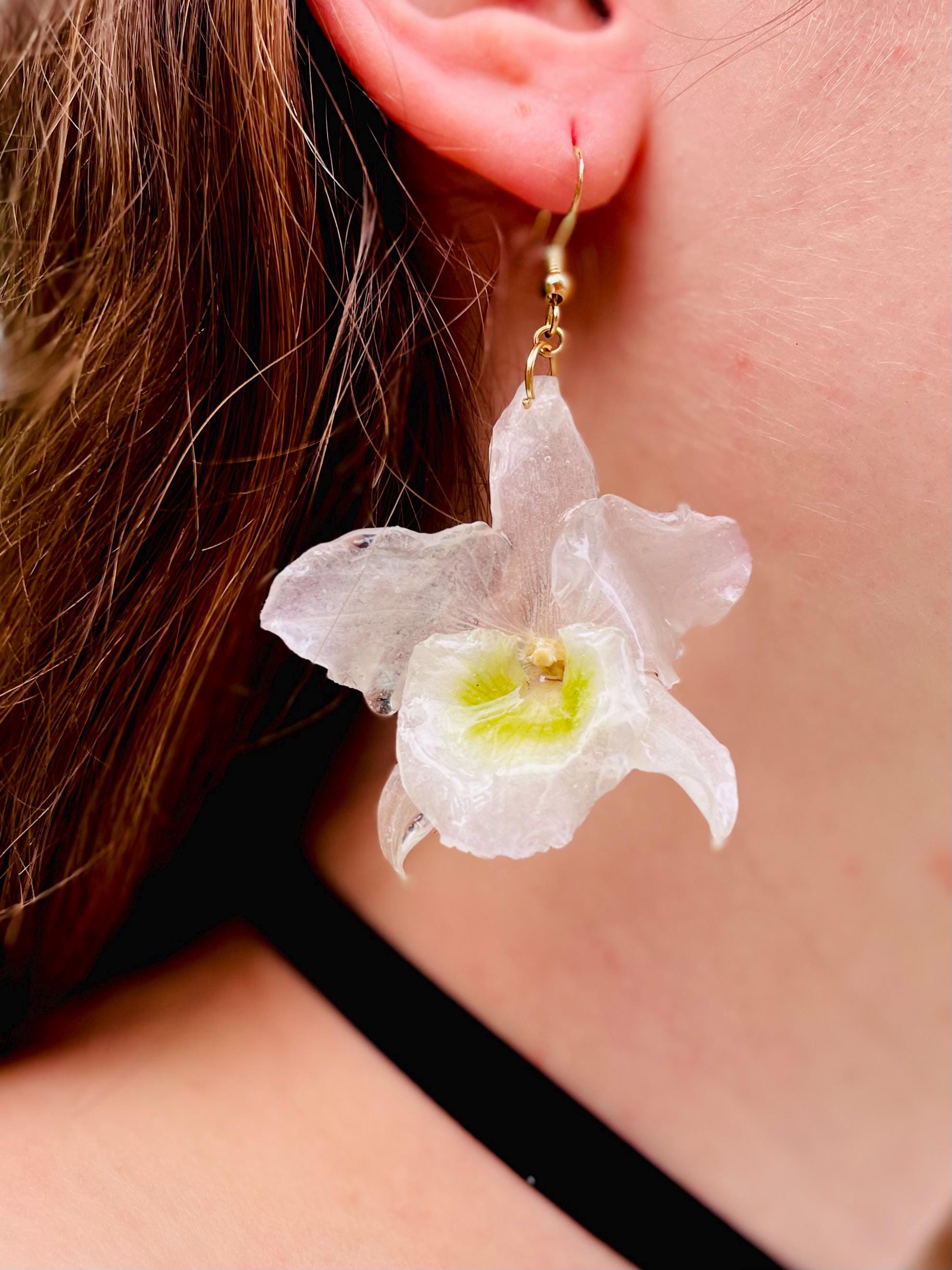 Real Orchid Wedding Earrings for Brides | White and Gold Floral Dangles, Resin Jewelry Gift for her