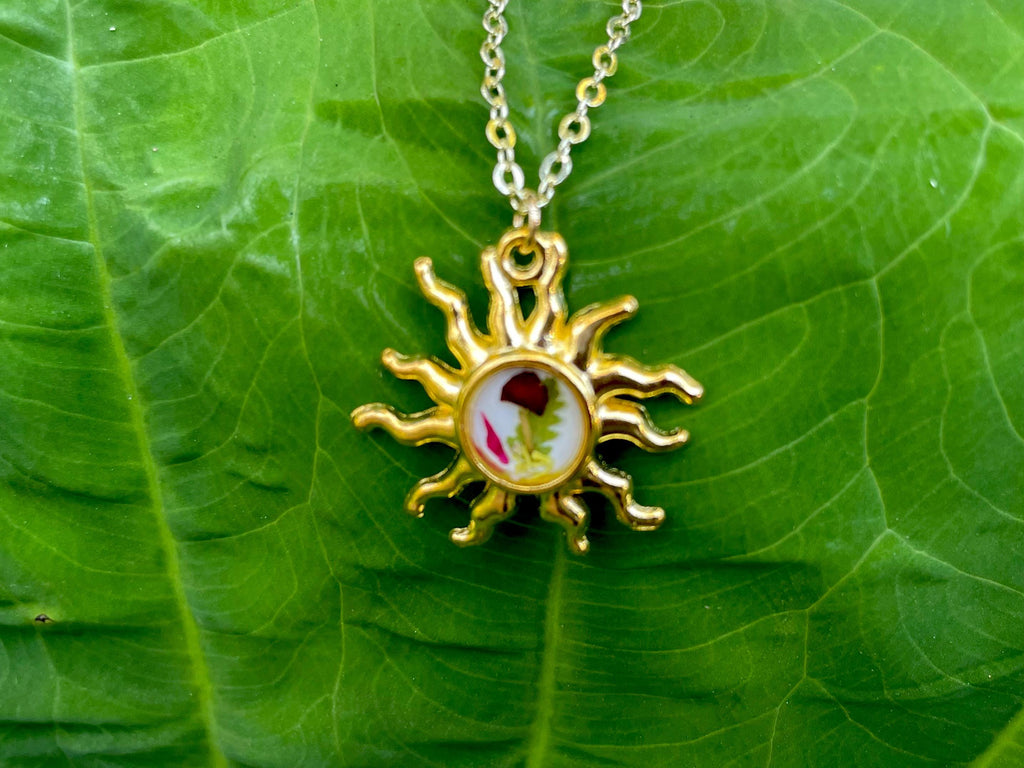 Gold Sun Necklace: Dainty Real Mushroom and Fern Pendant, Sunburst Celestial Jewelry Birthstone