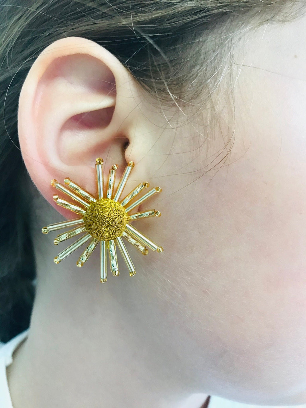 Gold Sunburst Earrings: Beaded Celestial Clip On Studs